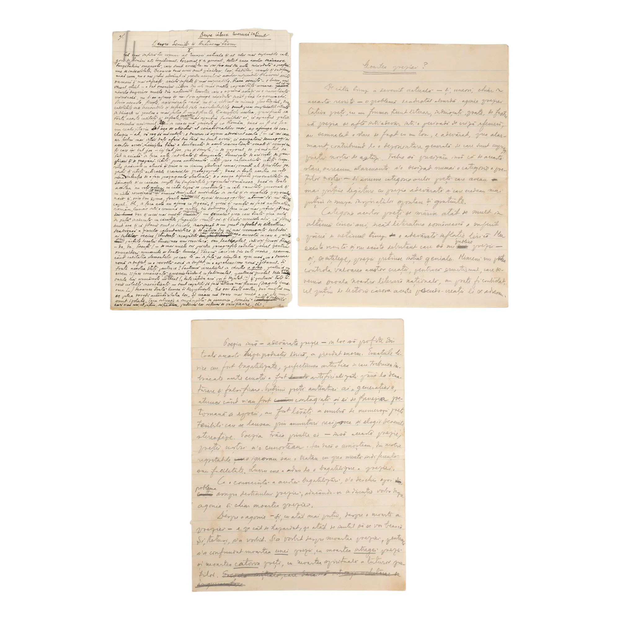 Lot format din 2 manuscrise, ”Despre semiți și antisemitism”, 1933, și ''Moartea poeziei?'', unul semnat olograf, de Pericle Martinescu (6 file)