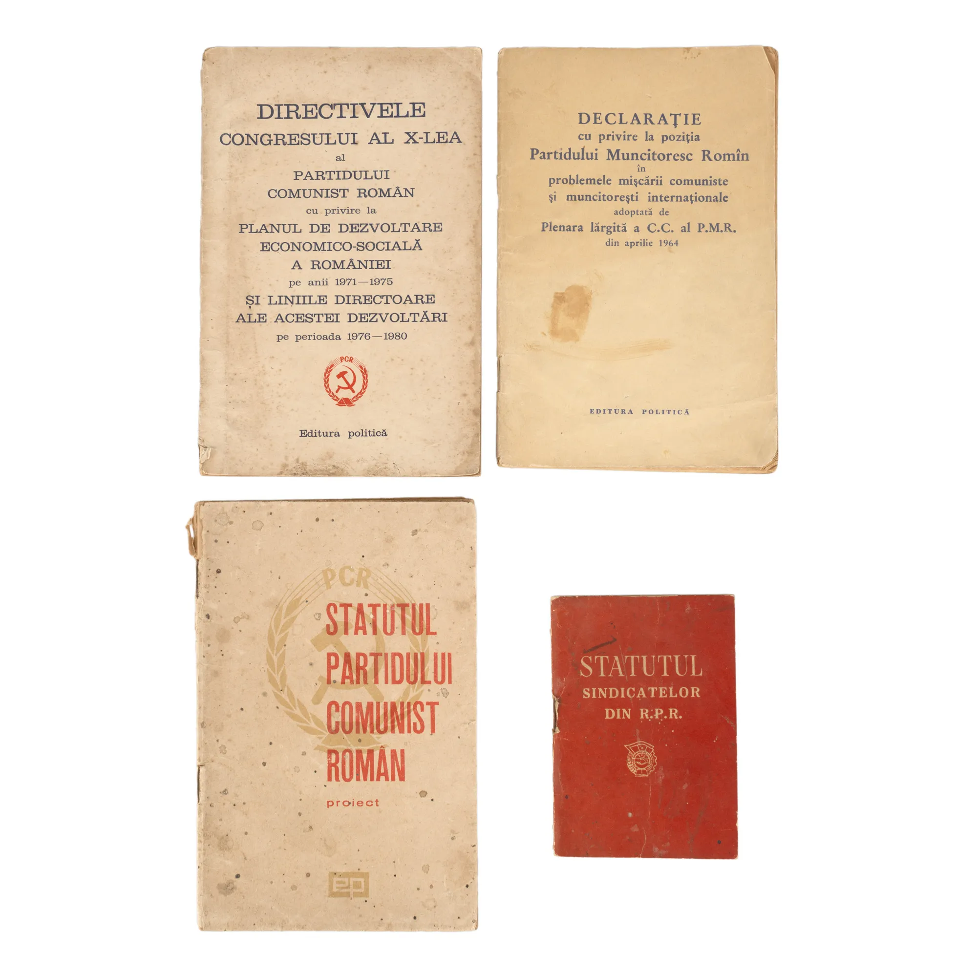 Lot consisting of "Directives of the X Congress of the Romanian Communist Party regarding the socio-economic development plan of Romania for the years 1971-1975", "Status of the Romanian Communist Party", "Status of the Unions of PR Romania" and "Declaration on the position of the Romanian Worker's Party in the issues of the international communist and worker's movement", Bucharest, 1961-1969.