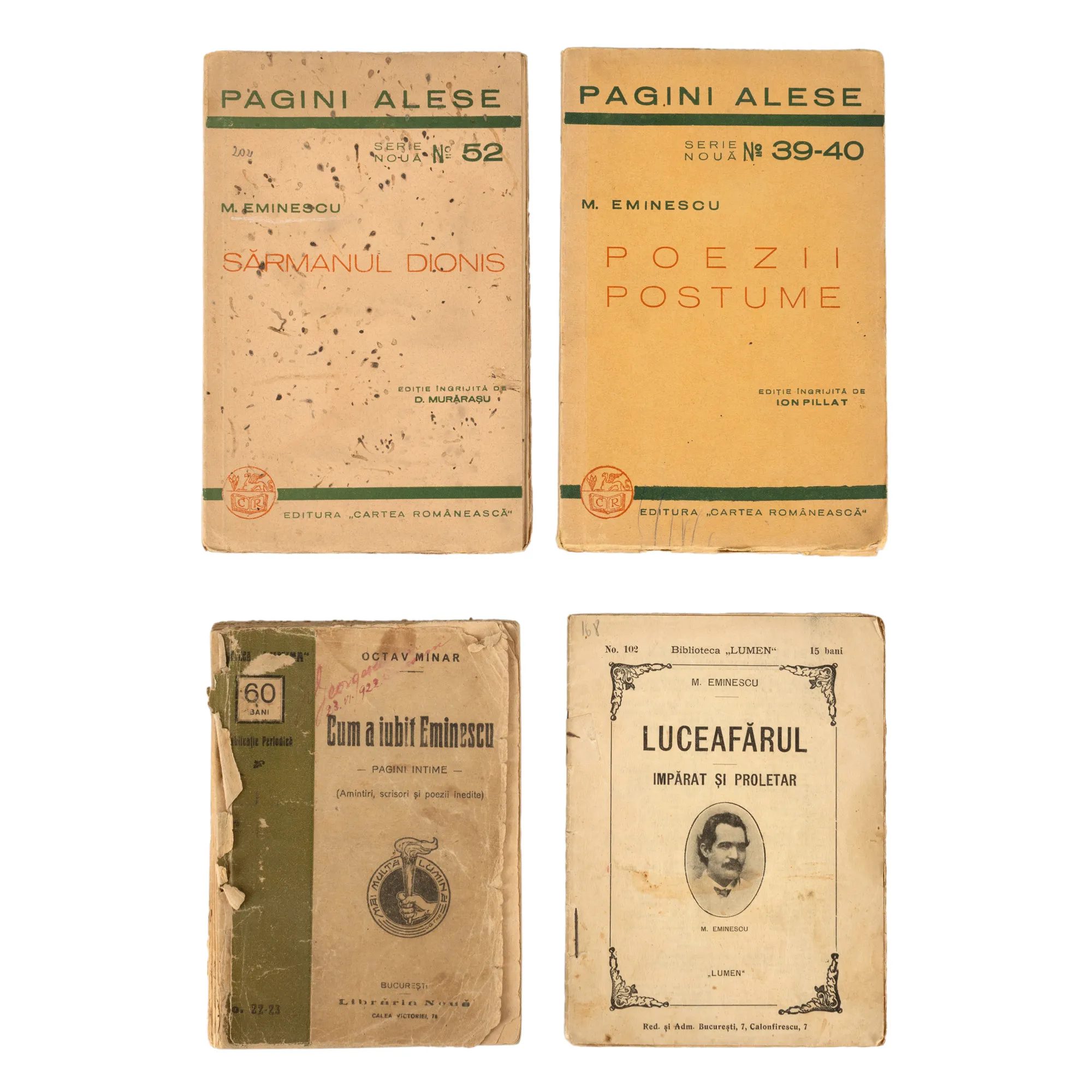 Lot format din 4 volume Eminescu, București, 1911-1943, cu ex-librisuri de proprietate