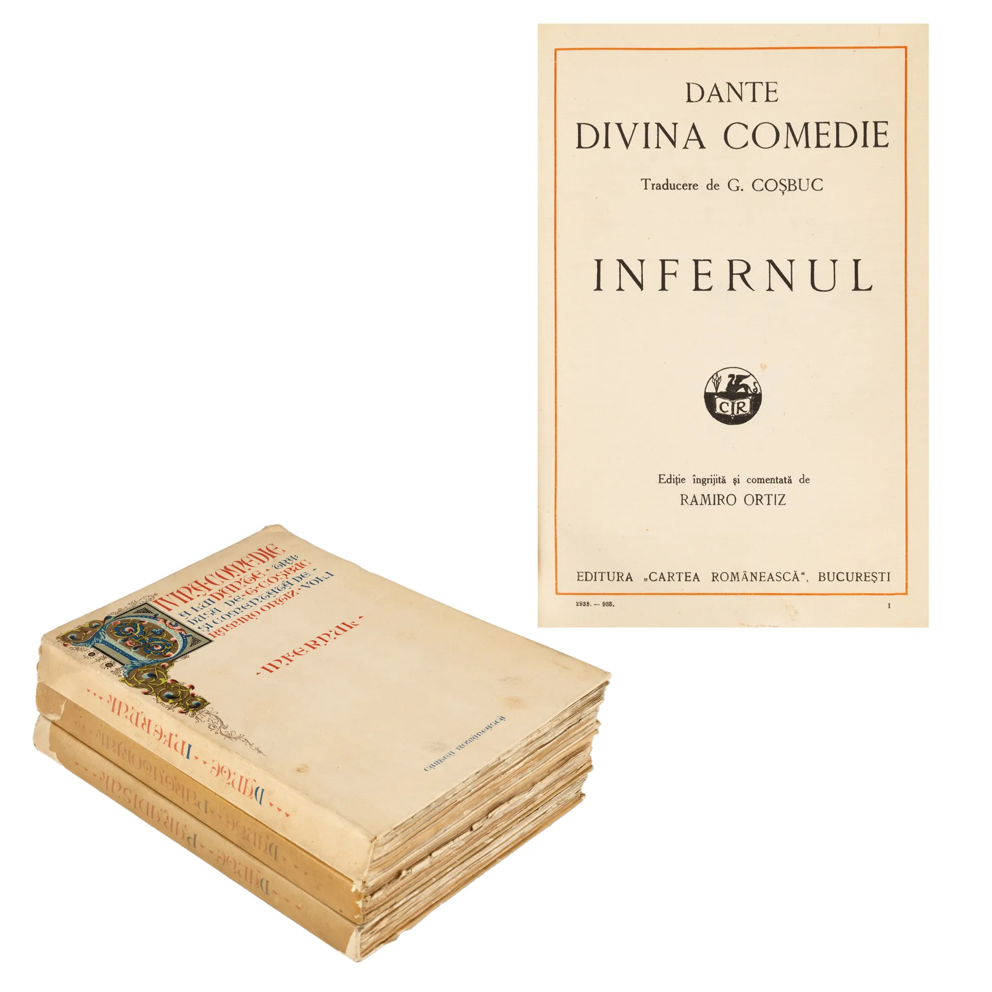 "Divine Comedy", by Dante Aligheri, three volumes, translated by George Coșbuc, edition edited by Ramiro Ortiz, Bucharest, 1932