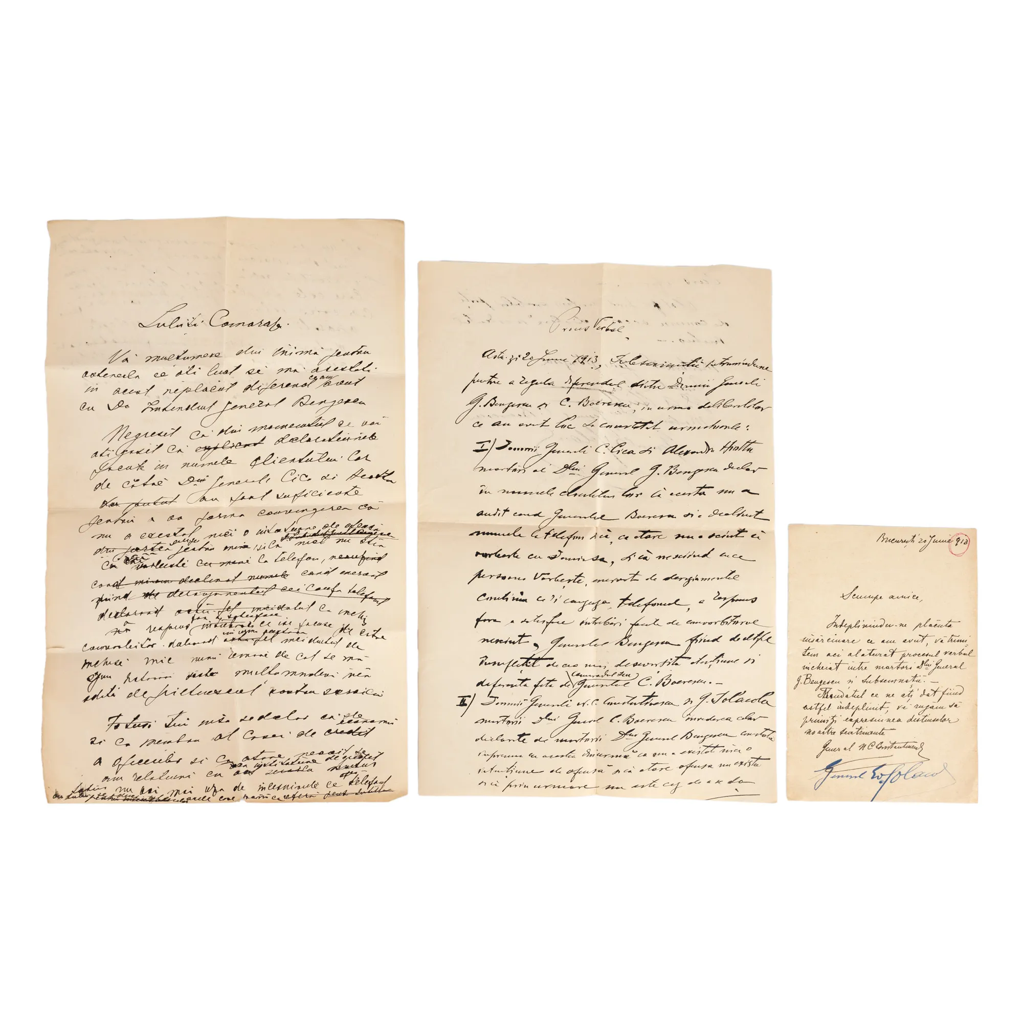 Lot consisting of 3 documents from the archive of General Constantin Boerescu referring to matters of honor resolved through dueling challenge, 1913