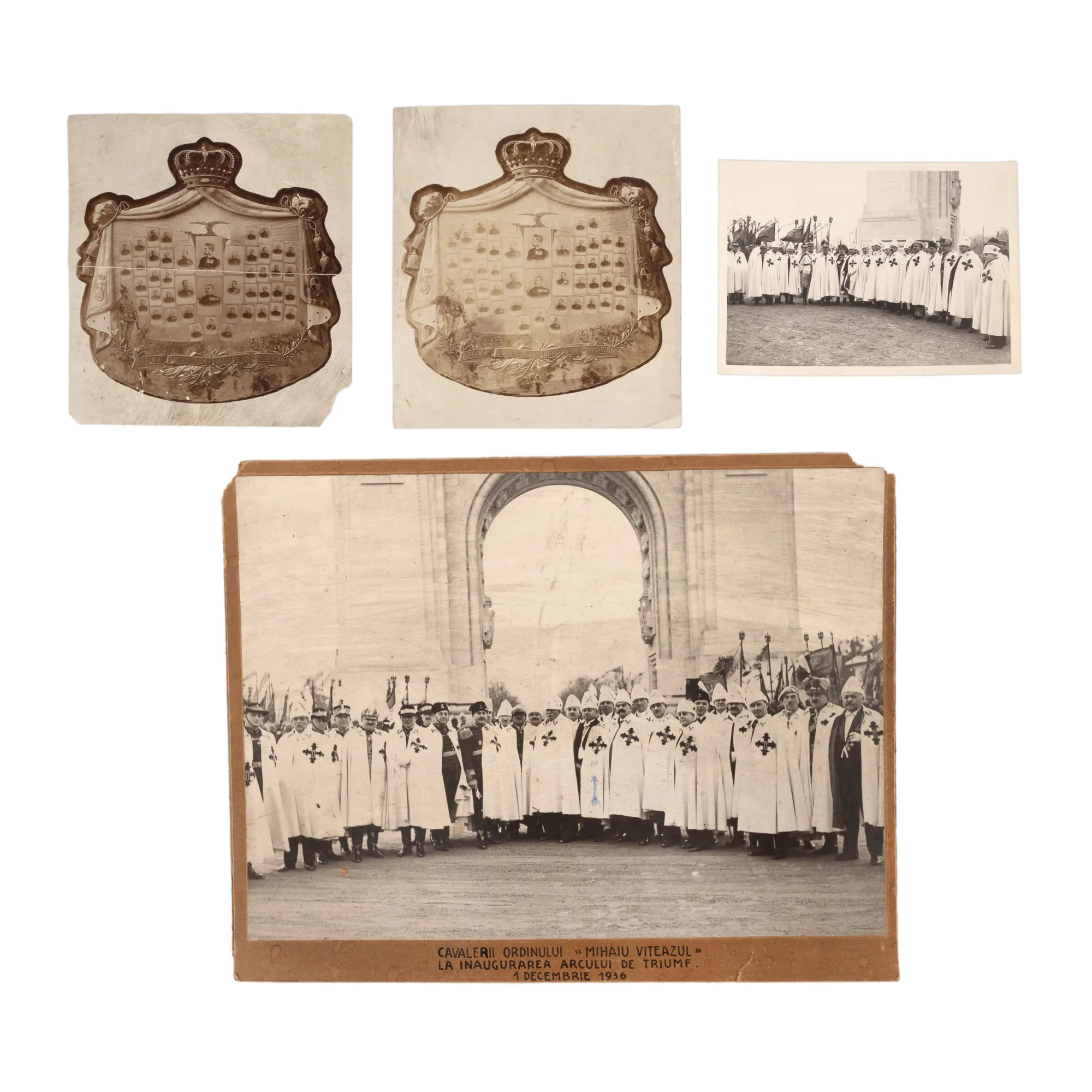 Lot format din două fotografii cu ofițerii Regimentului nr. 6 de Infanterie Mihai Viteazul, alături de două fotografii ilustrând cavalerii Ordinului ”Mihai Viteazul” cu ocazia inaugurării Arcului de Triumf din București, 1906 și 1936