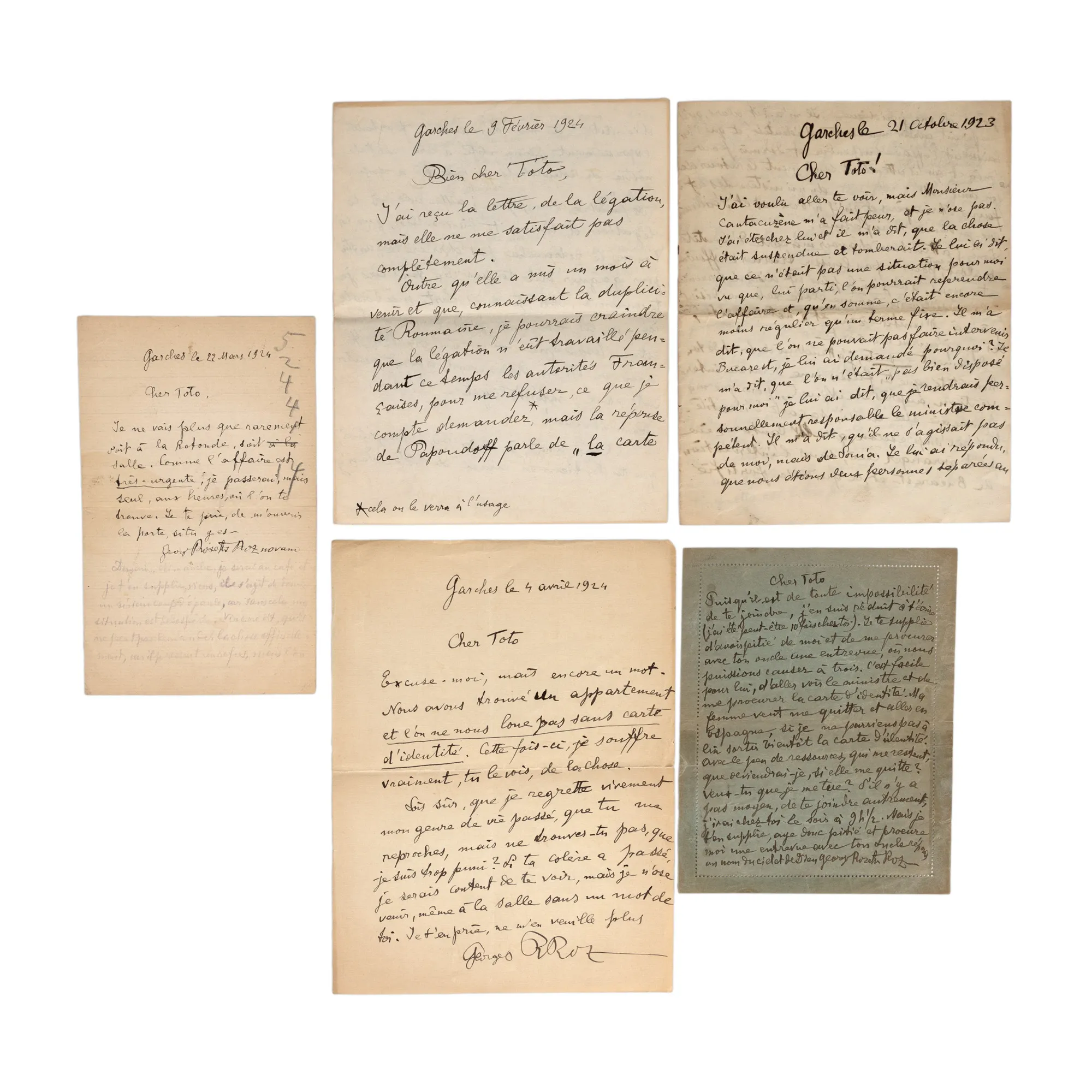 Lot format din 5 scrisori trimise de George Rosetti-Roznoveanu către Theodor Pallady, 4 scrisori din Garches din anii 1923-1924 și o scrisoare pneumatică din aceeași perioadă, prin care îi cere să intervină pentru a obține din țară documentele de identitate ale soției sale