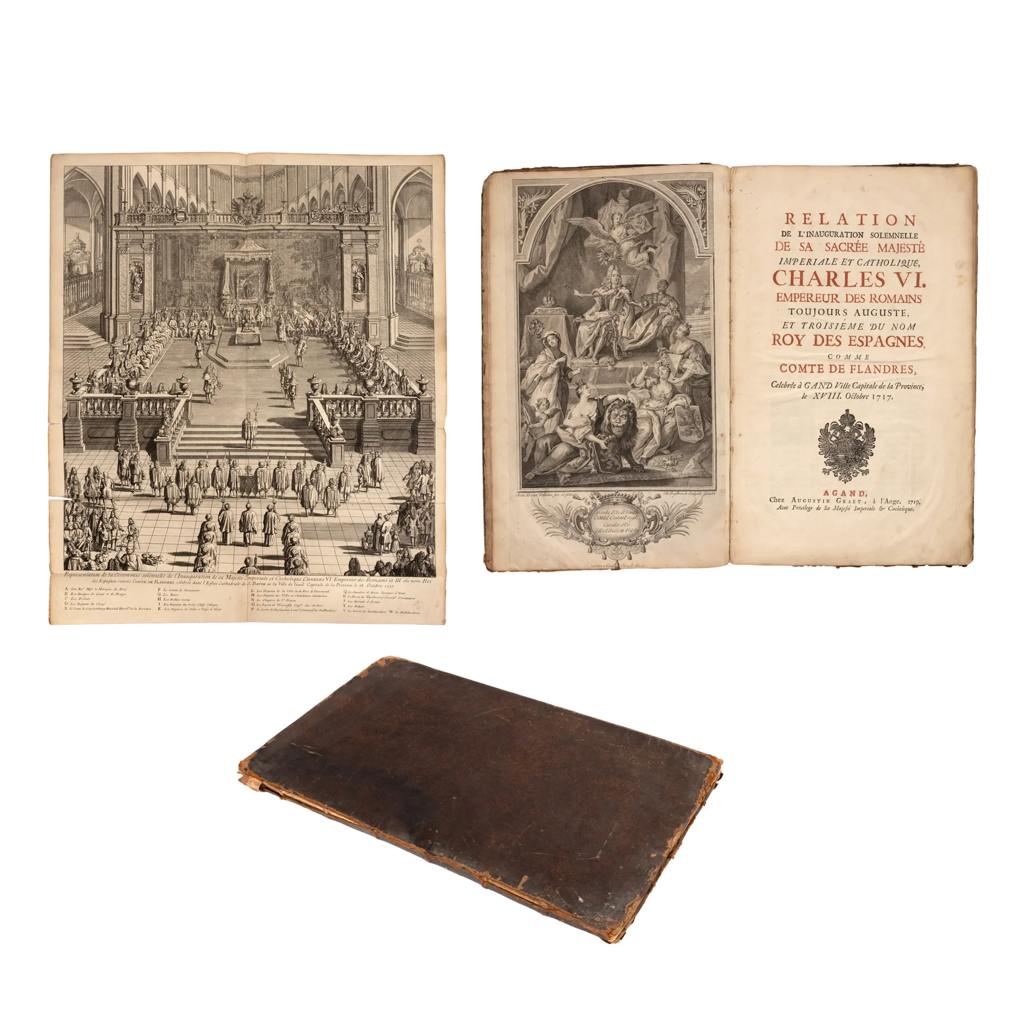 ”Relatarea ceremoniei solemne privind inaugurarea lui Carol al VI-lea al Sfântului Imperiu Roman în 1717 drept Conte de Flandra”, de Augustin Graet, franceză, Gent, 1719, cu șapte gravuri de mari dimensiuni, piesă rară, de colecție
