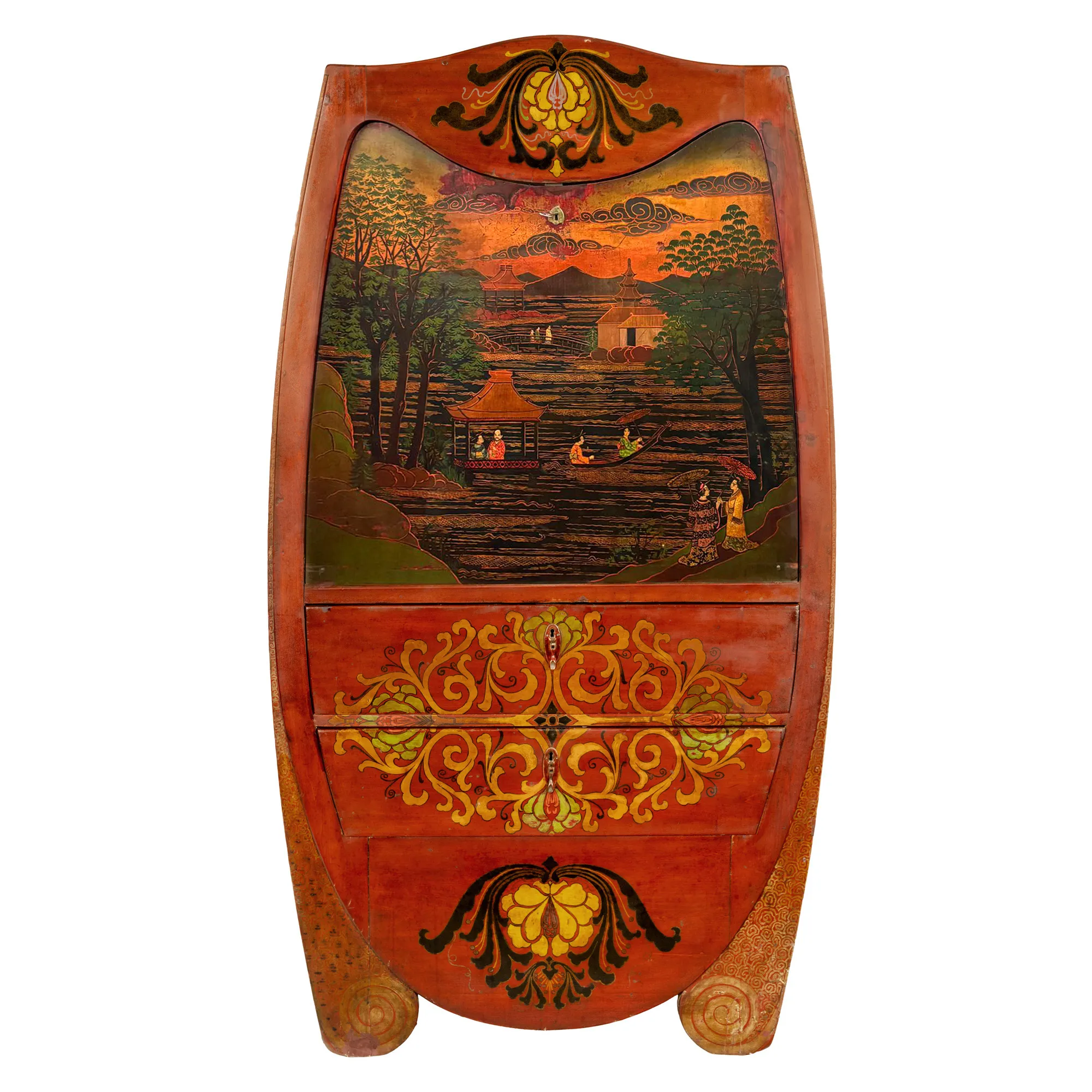 Impresionant cabinet Art Nouveau, pictat cu decor chinoiserie, cca. 1920