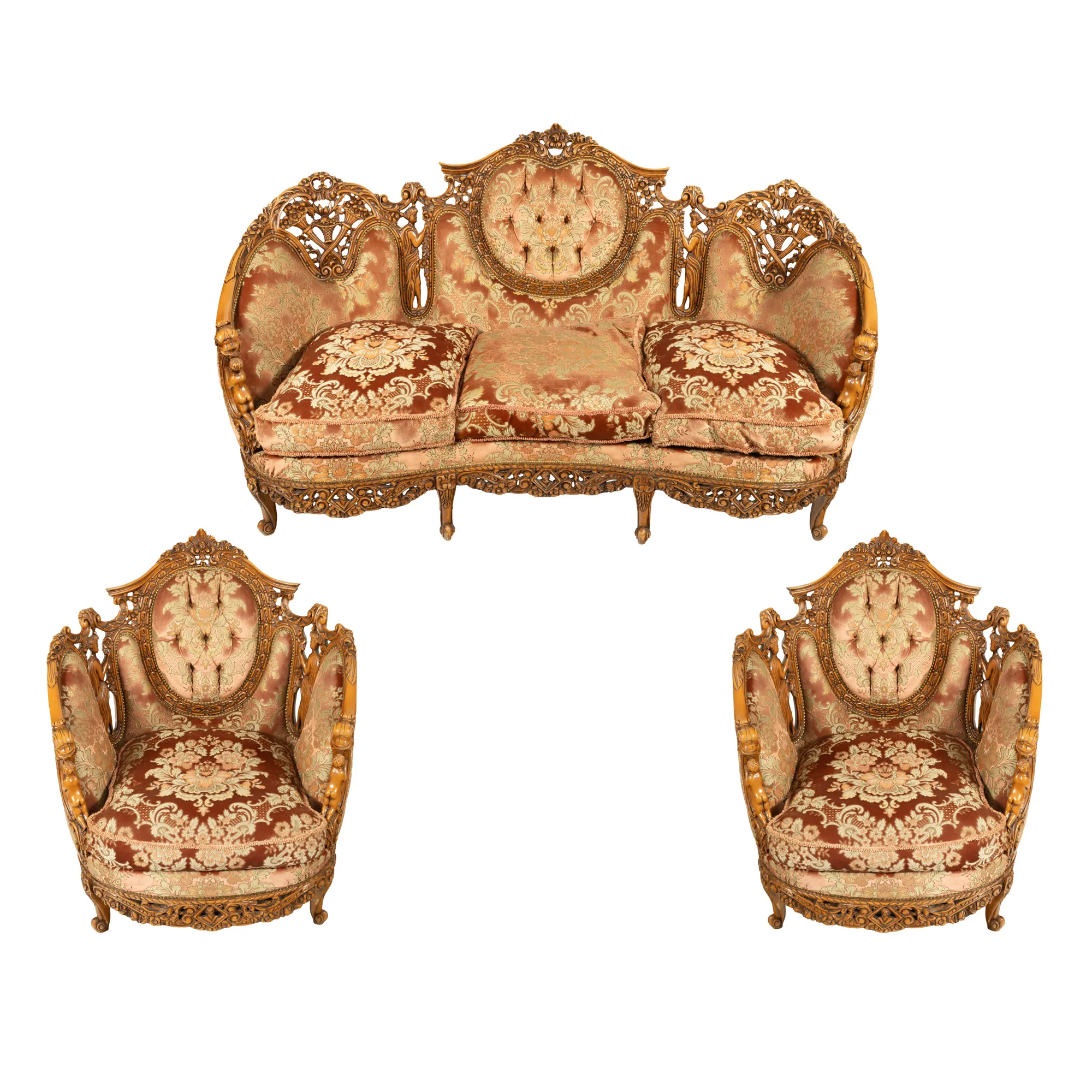 Neo-Rococo style suite, consisting of sofa and pair of armchairs, made of walnut wood and silk upholstery, decorated with vegetal elements and characters, circa 1940