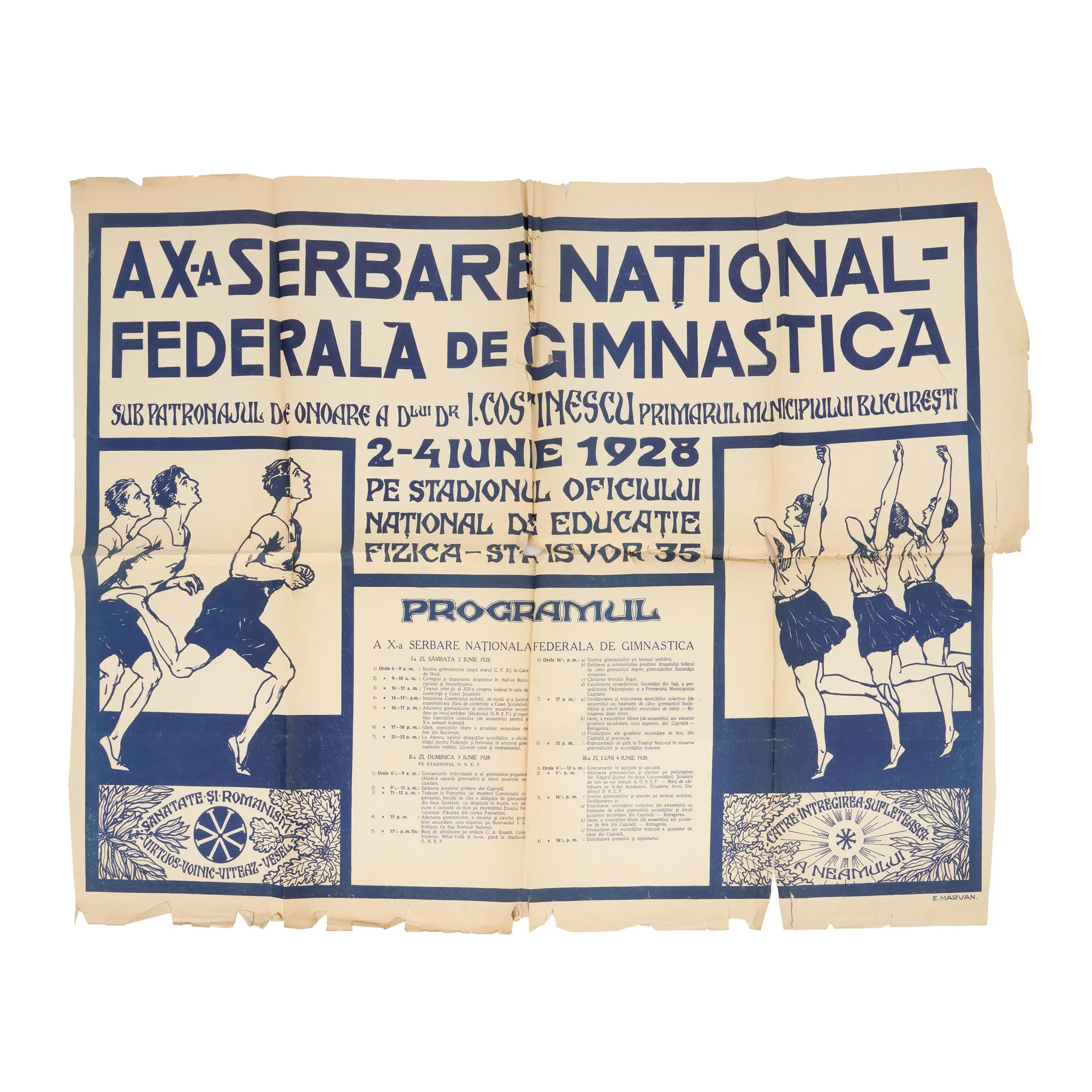 Afiș ”A X-a Serbare Național-Federală de Gimnastică”, de Ary Murnu, București, 1928, provine din colecția familiei de artiști Murnu