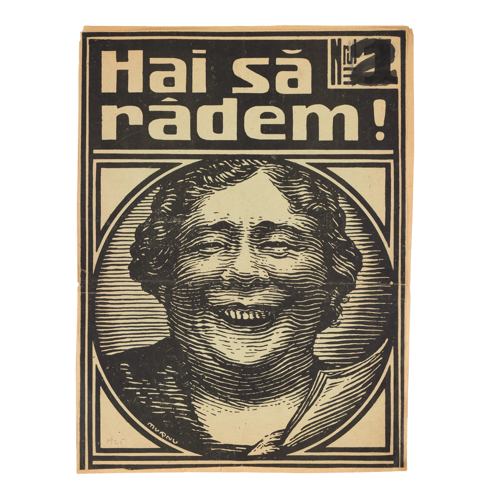 Macheta copertei revistei ”Hai să râdem”, de Ary Murnu, 1925, semnată în tipar, cu intervenții olografe ale artistului, provine din colecția familiei de Murnu