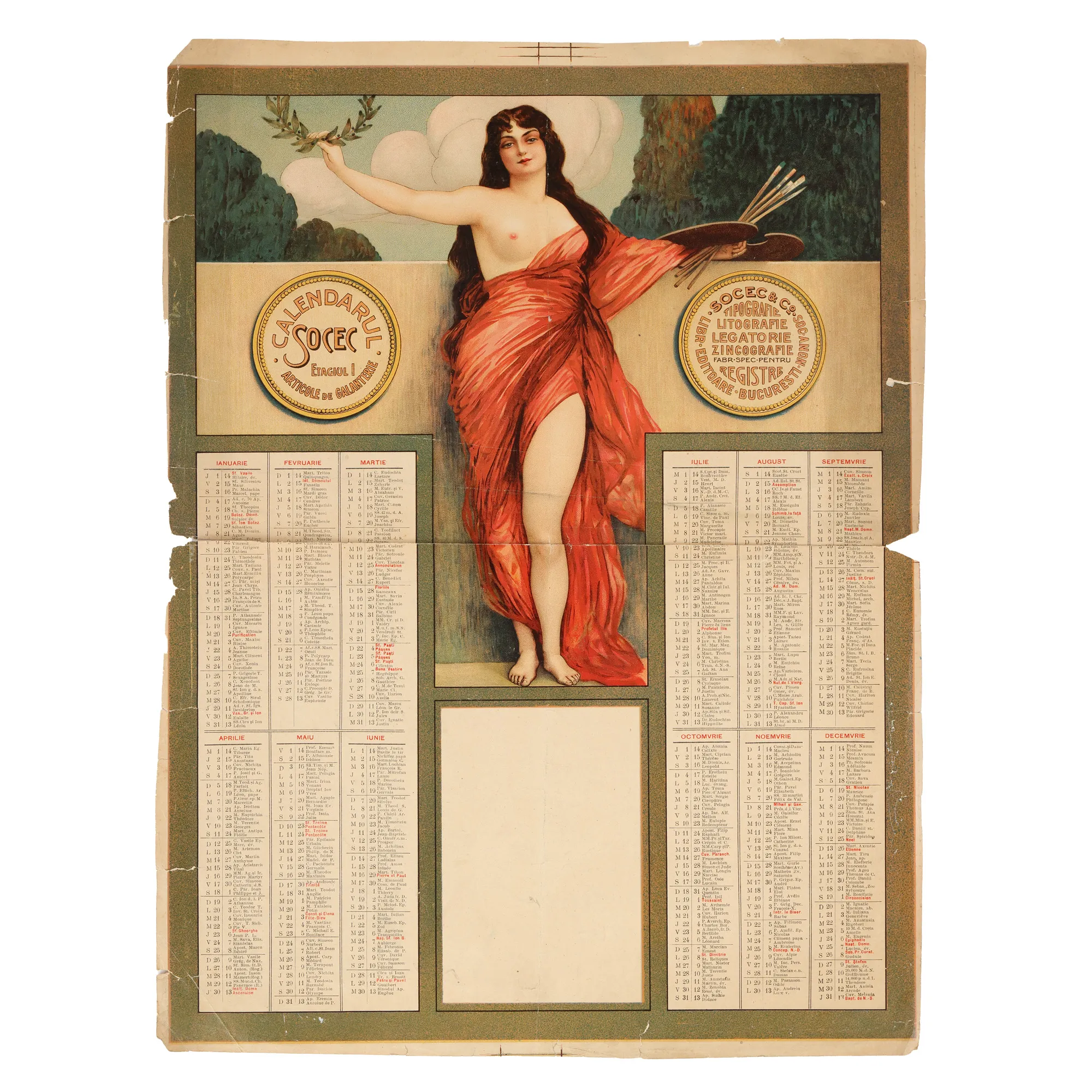 Afiș probă de lucru, ”Calendarul Socec”, de Ary Murnu, București, 1914, provine din colecția familiei de artiști Murnu, piesă rară