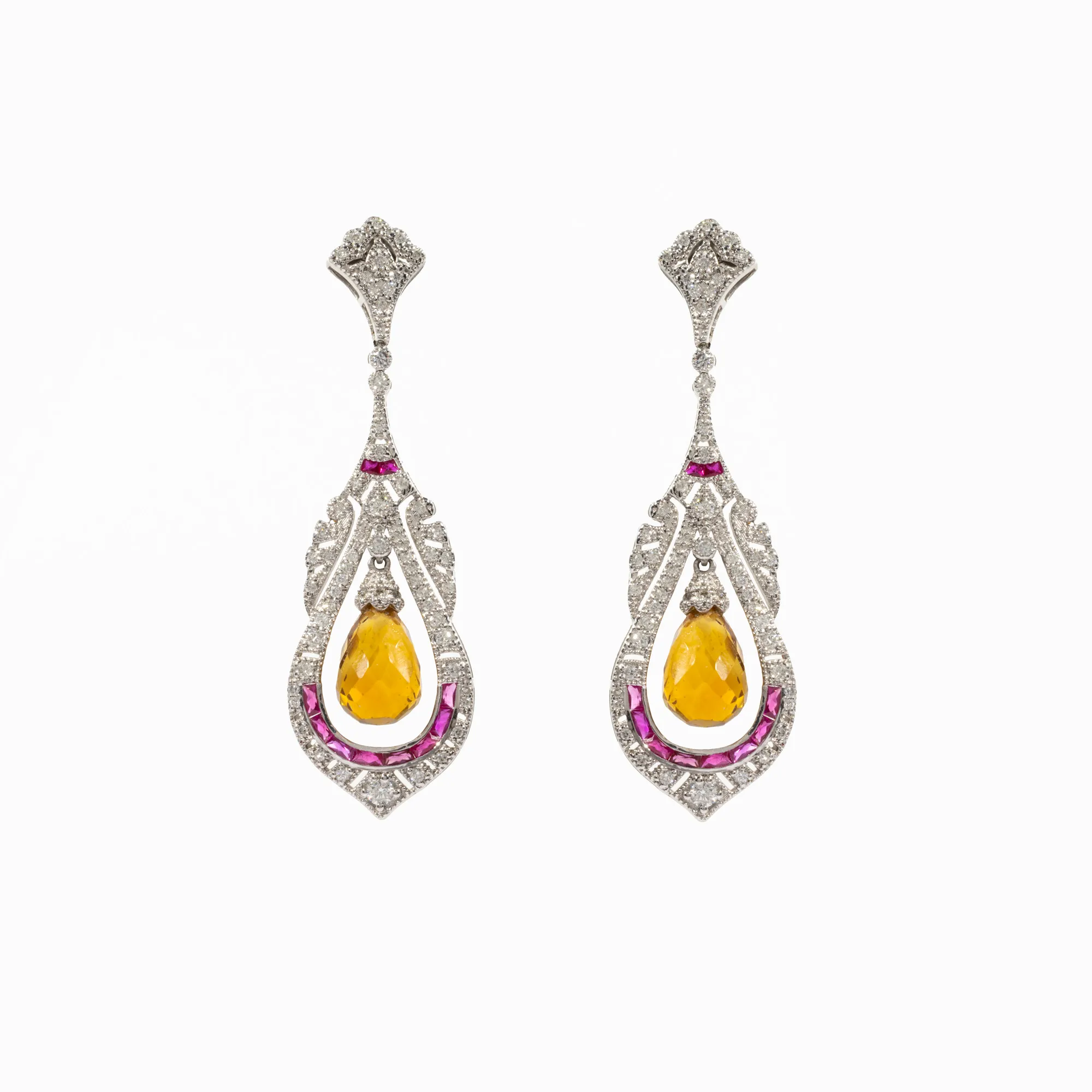Pair of white gold earrings, in Art Deco style, decorated with citrines, rubies and diamonds