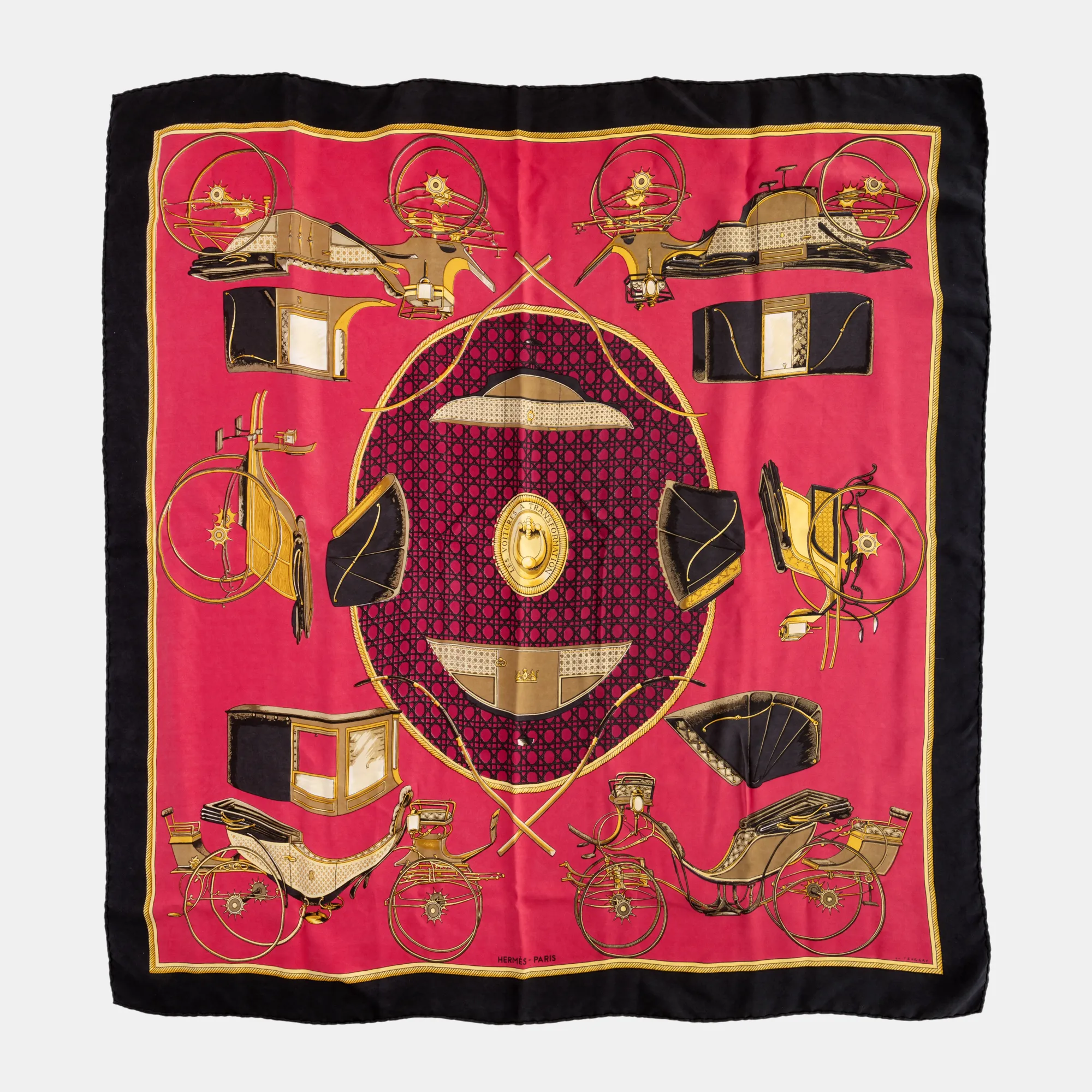 "Les Voitures a Transformation" - eșarfă Hermès, design Francoise de la Perriere din mătase, cca. 1960, însoțită de cutia originală