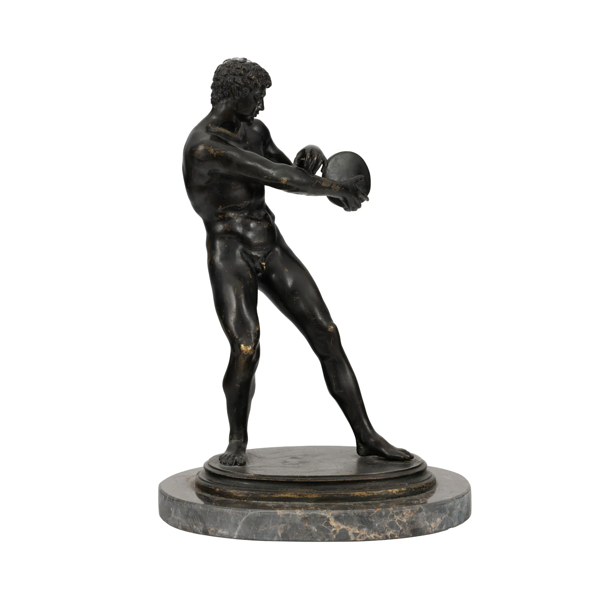 "Discobolus" - patinated bronze statue, on marble pedestal, circa 1900