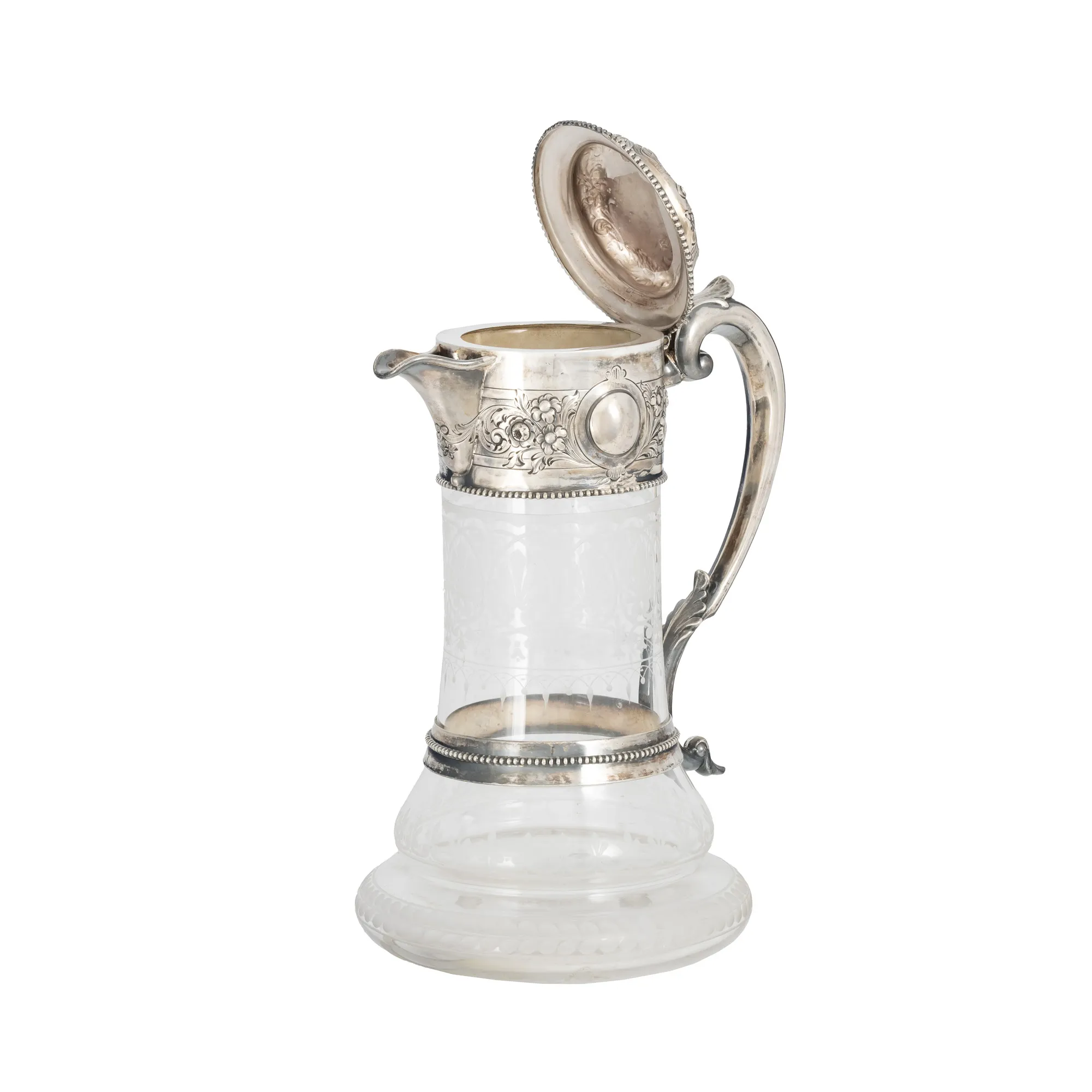 Silver carafe and engraved glass, decorated with floral design, approx. 1890