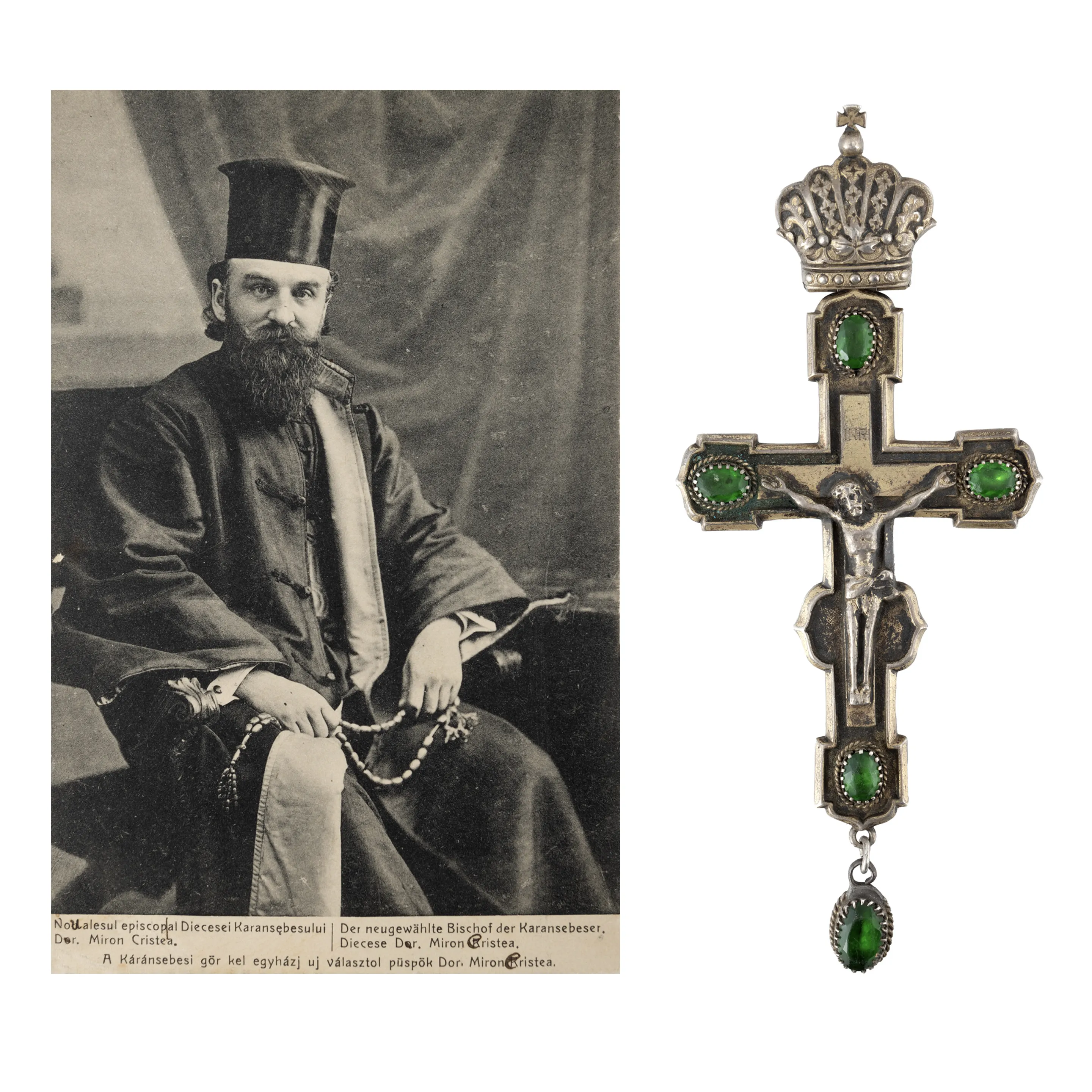Lot consisting of a gold-plated silver monk's cross, decorated with the "Crucifixion" scene, European workshop, late 19th century, and a postcard depicting Bishop Miron Cristea, 1913