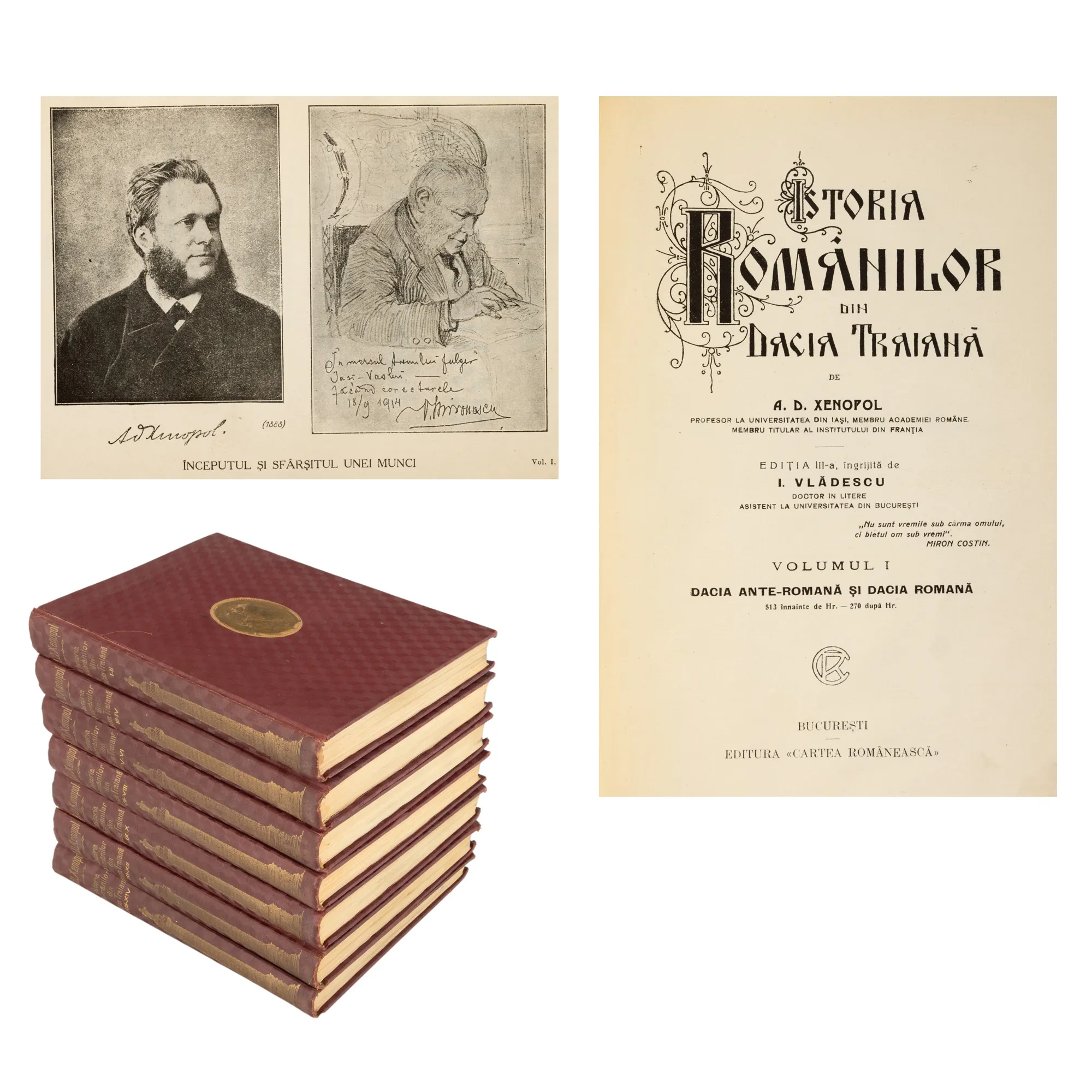 "Istoria românilor", de A.D. Xenopol, 14 volume colegate în șapte tomuri, București, 1925-1930, ediție bibliofilă