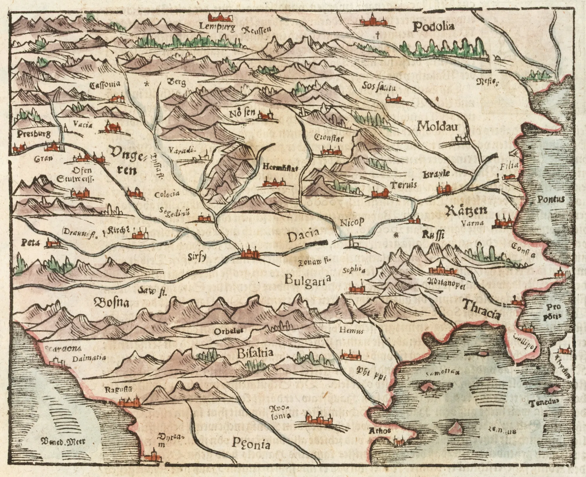Hartă ”Valahia și Bulgaria”, Sebastian Münster, Basel, 1628 