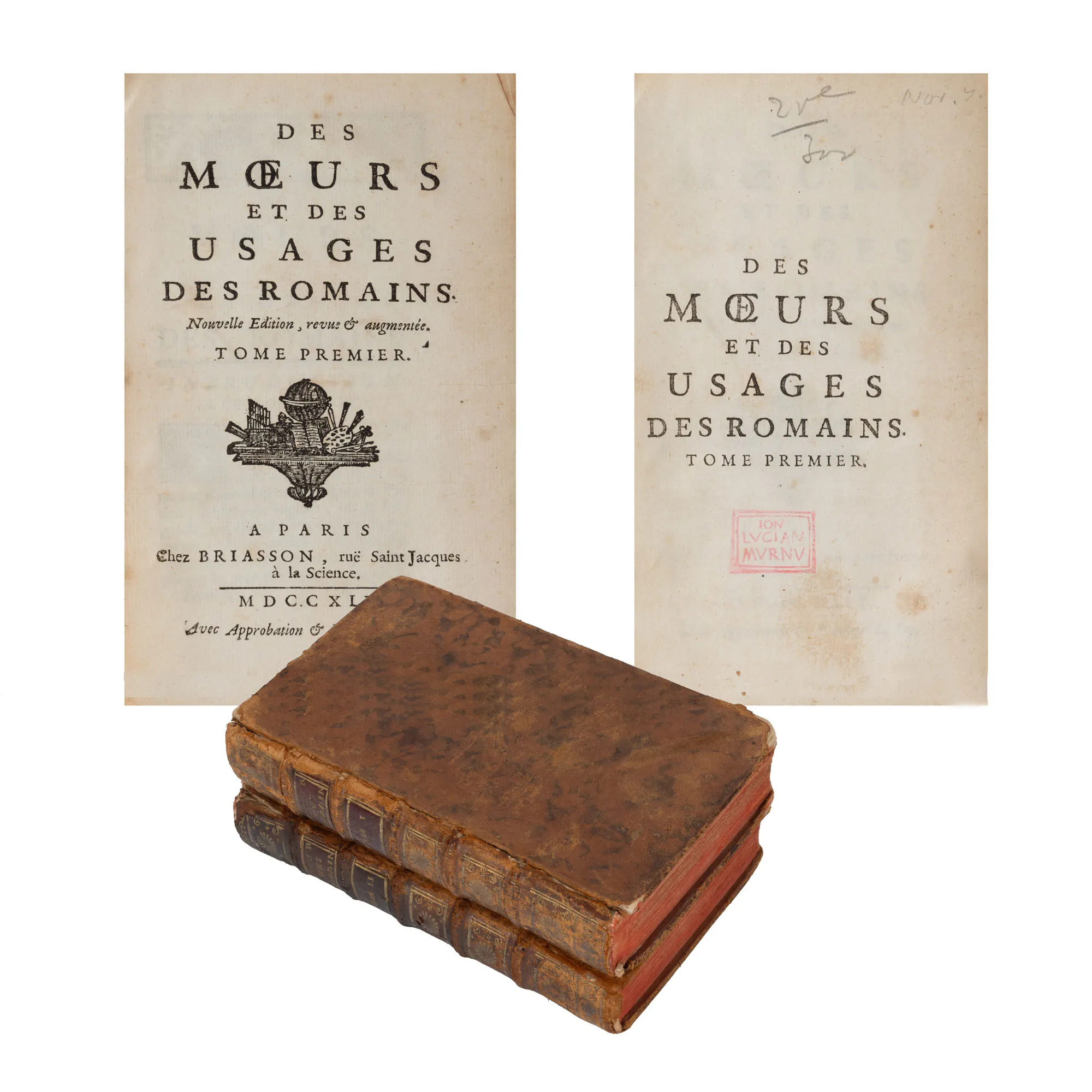 ”Moravurile și obiceiurile romanilor”, franceză, două volume, Paris, 1754, cu ex-libris ”Ion Lucian Murnu”, provine din colecția familiei de artiști Murnu