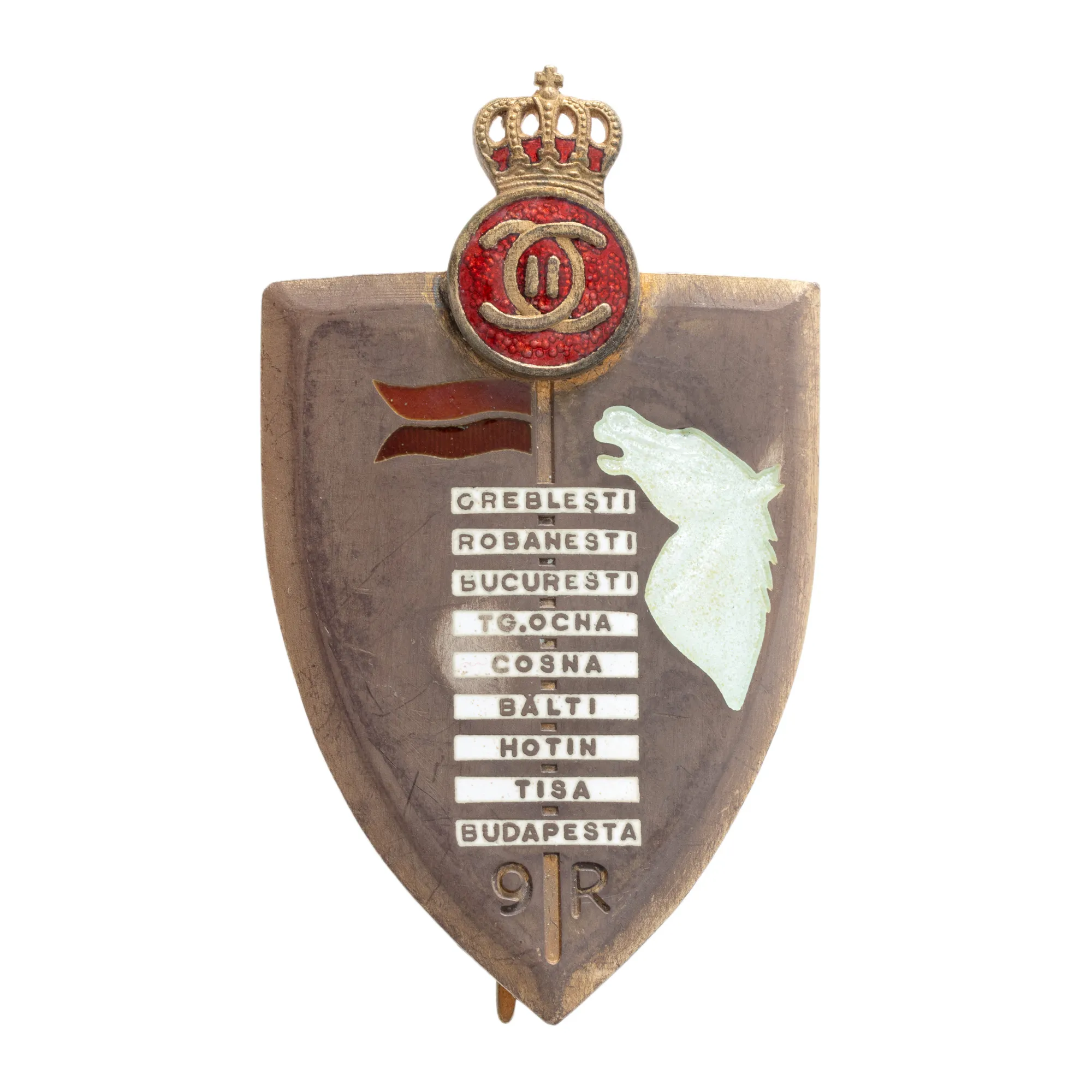 Insignă, 7 ani de serviciu, pentru ofițeri, Regimentul 9 Roșiori, perioada regelui Carol II, argint