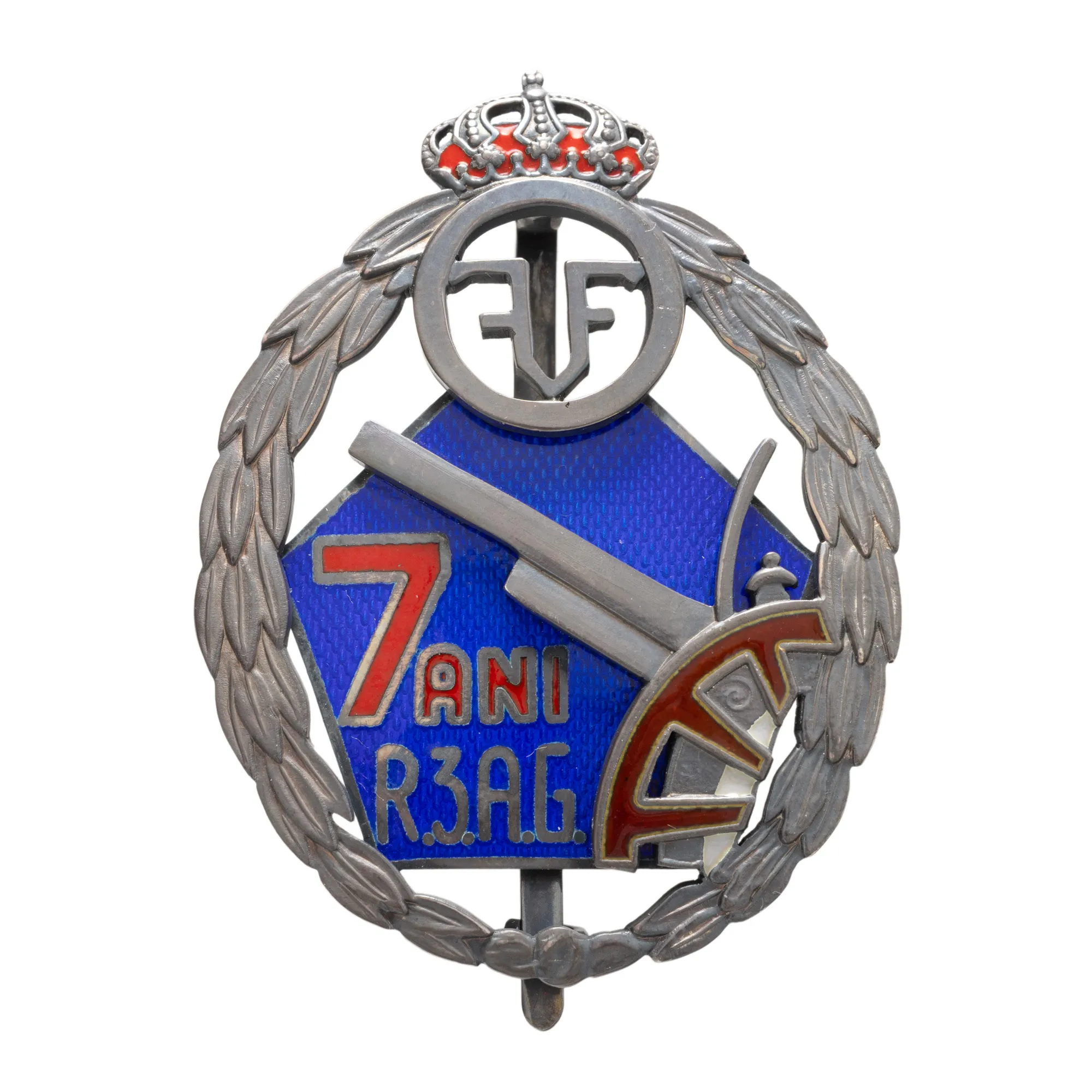 Insignă, 7 ani de serviciu, pentru ofițeri, Regimentul 3 Artilerie Grea, perioada interbelică, argint