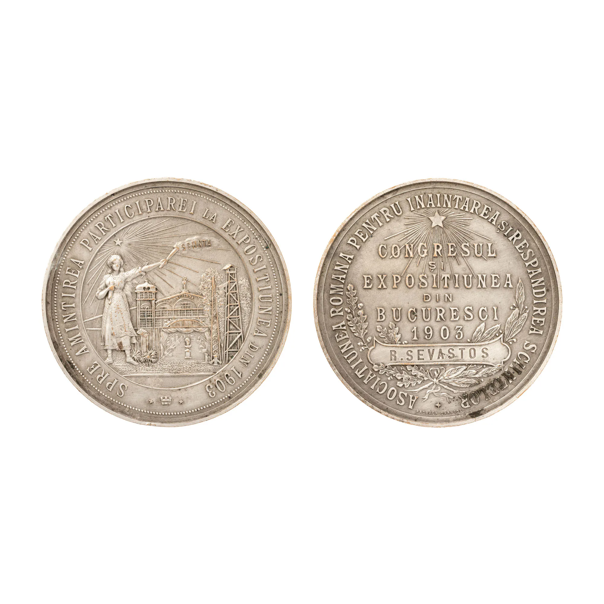Medalie ”Congresul și Expozițiunea din București. Asociațiunea pentru Înaintarea și Răspândirea Științei”, gravori Radivon-Carniol, 1903, în cutia originală