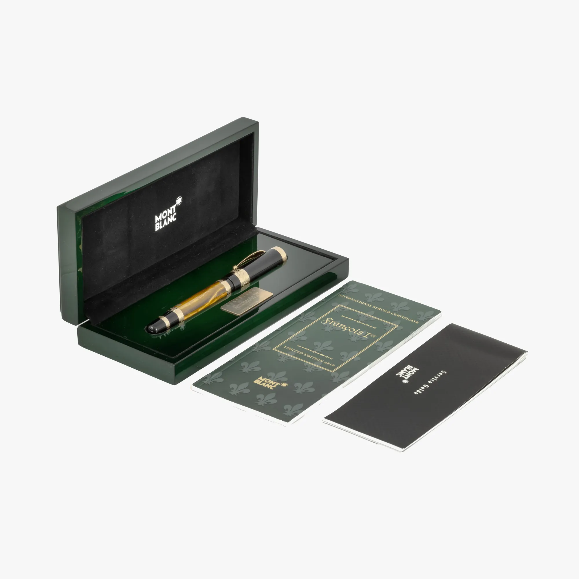 Stilou Montblanc Patron of Art, ediție limitată Francois Premier, nr. 519/4810, decorat cu aur, însoțit de cutia originală și broșură
