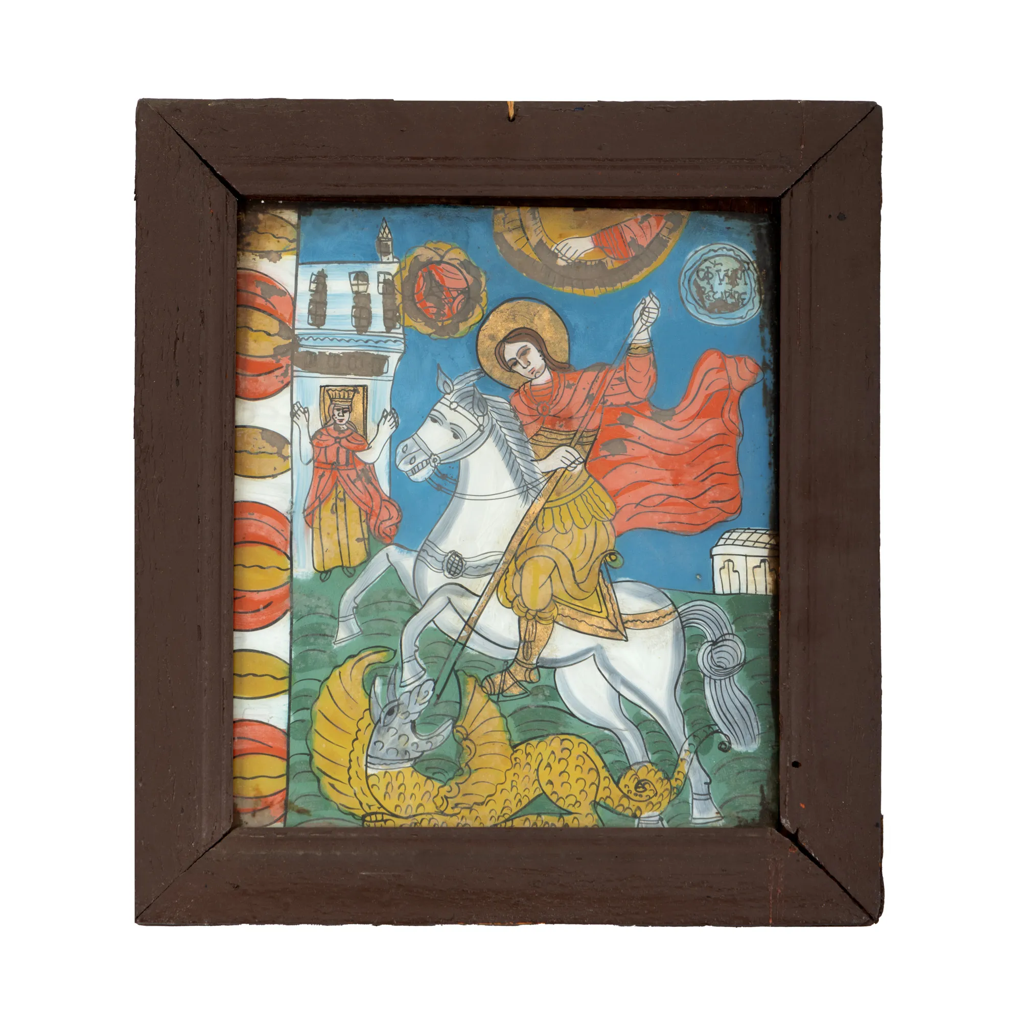 Icoană pe glajă, ”Sfântul Gheorghe omorând balaurul”, atelier din Șcheii Brașovului, a doua jumătate a sec. XIX