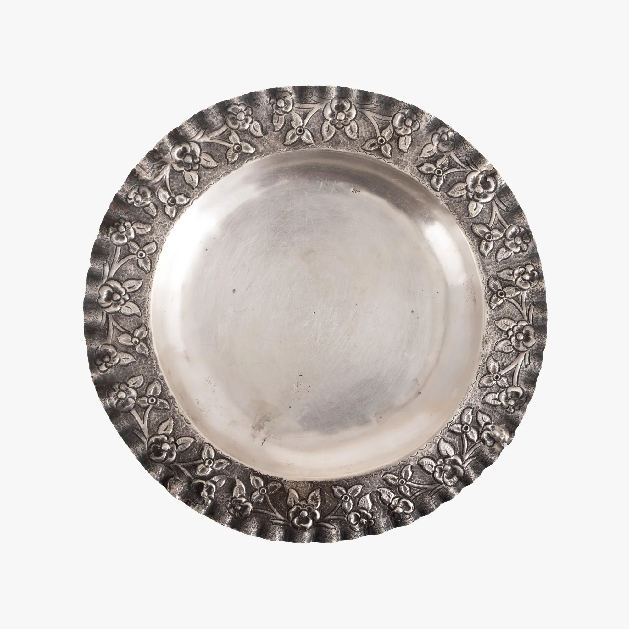 Small silver tray, adorned with floral border