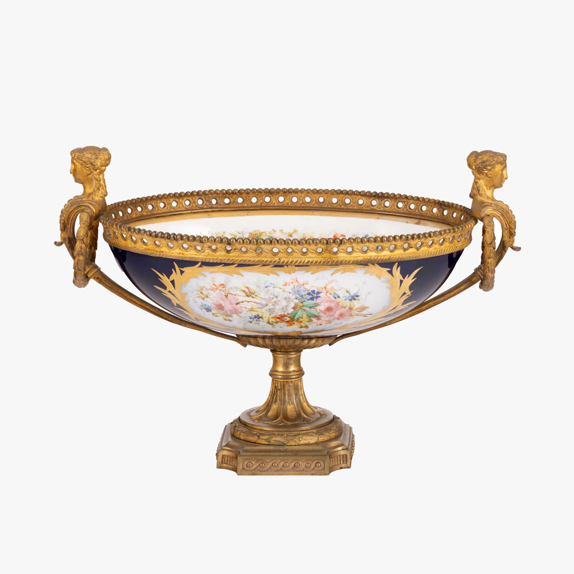 Beautiful Sèvres style porcelain fruit bowl, decorated with gallant scene and gilded bronze mountings, from the collection of Zoia Ceaușescu, daughter of the presidential couple Elena and Nicolae Ceaușescu.