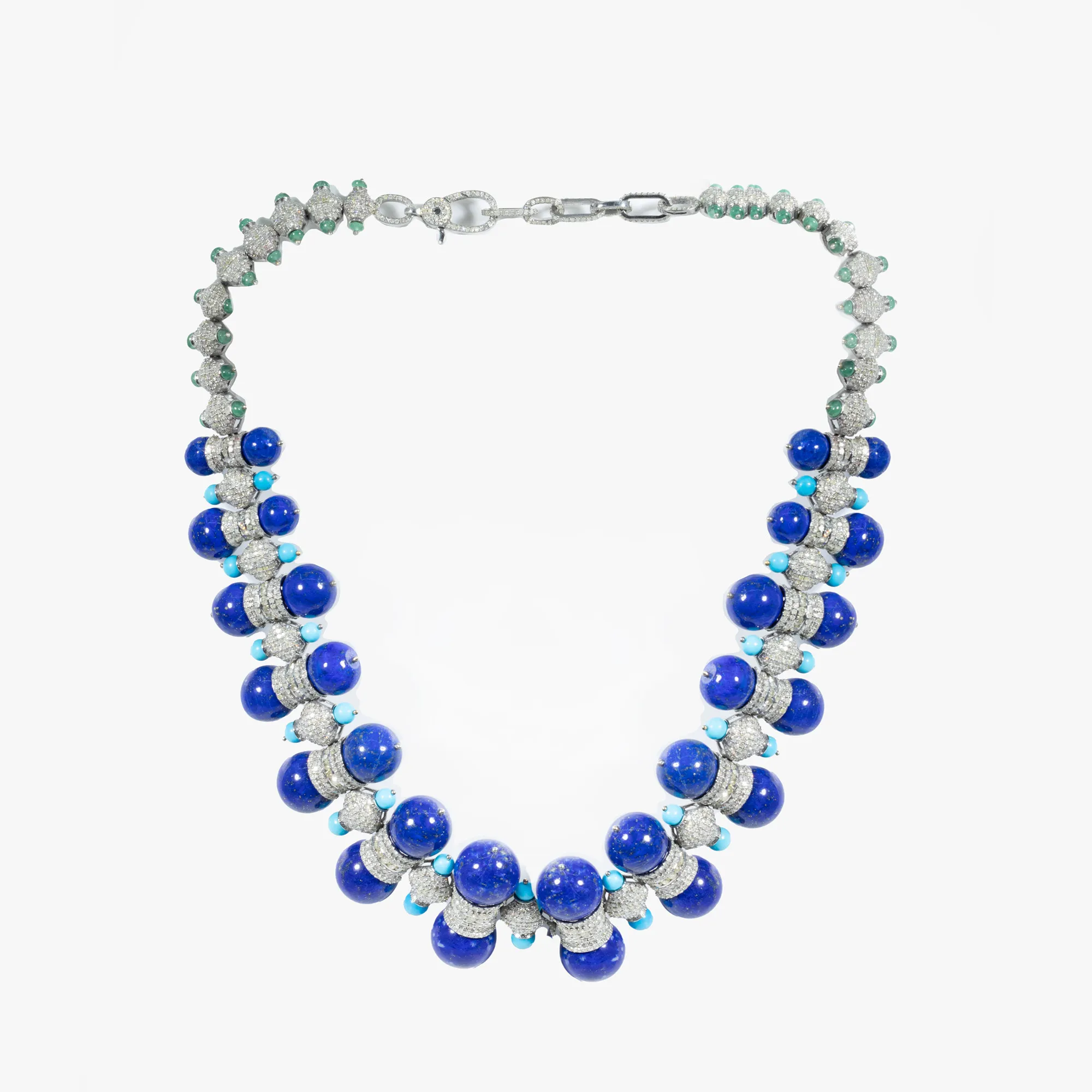 Demi-parure in gold and silver, consisting of a pair of earrings and a necklace, decorated with diamonds, lapis lazuli, turquoise and emeralds