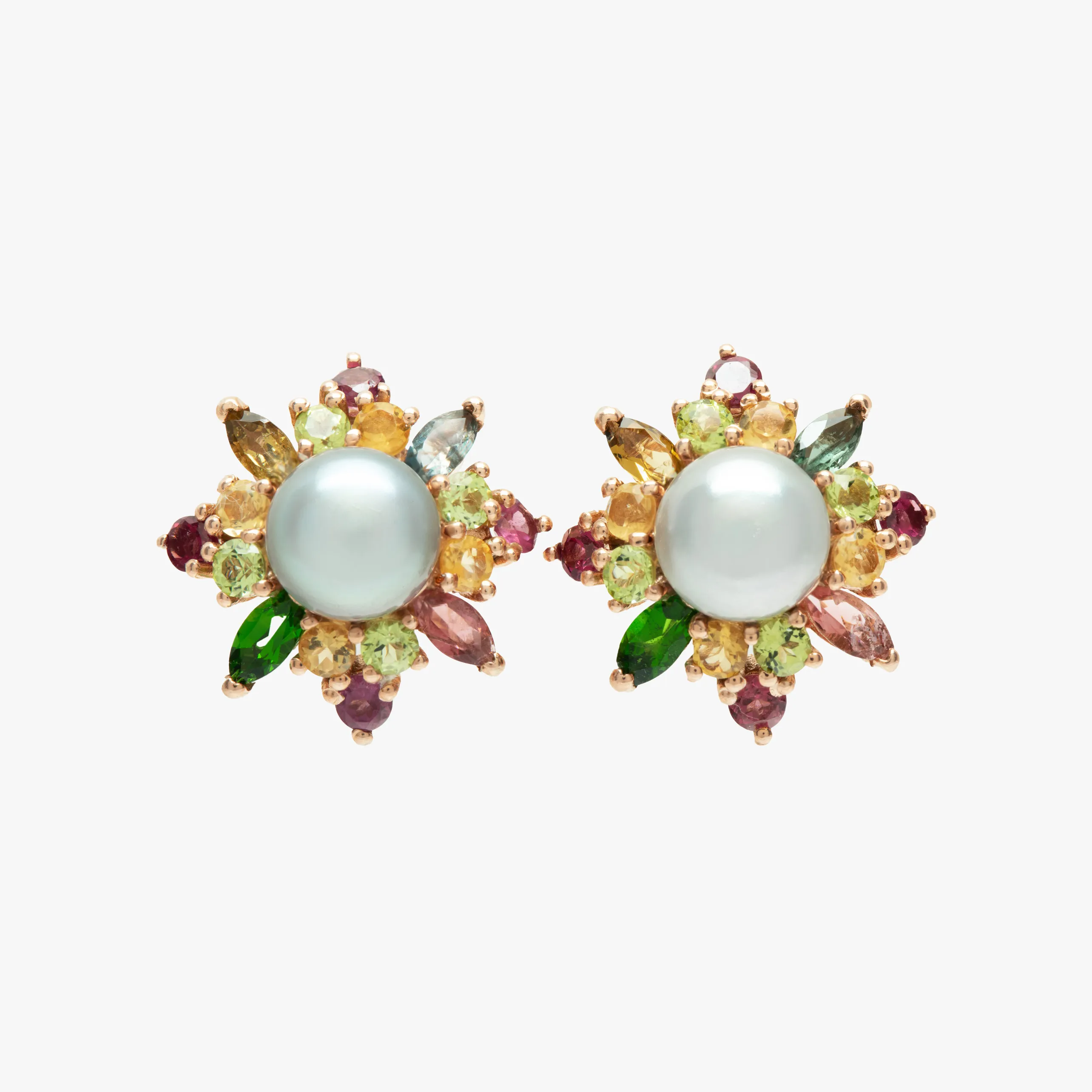 Pair of gilded silver earrings, adorned with pearls and semi-precious stones