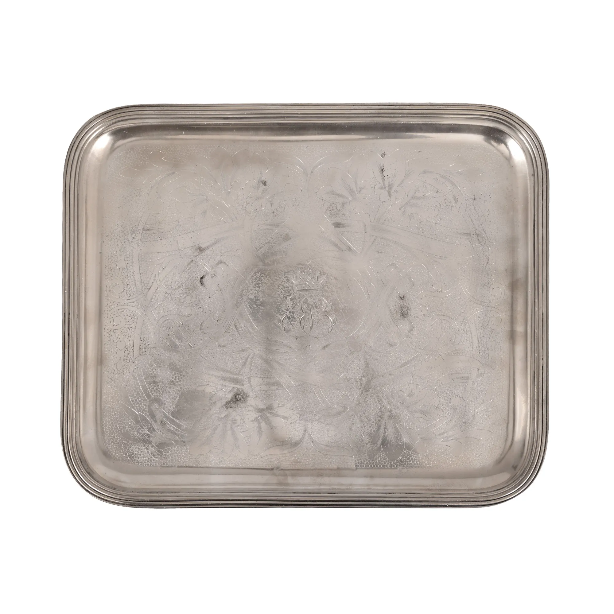Christofle tray, silver-plated metal, with floral decoration and monogram "TE"