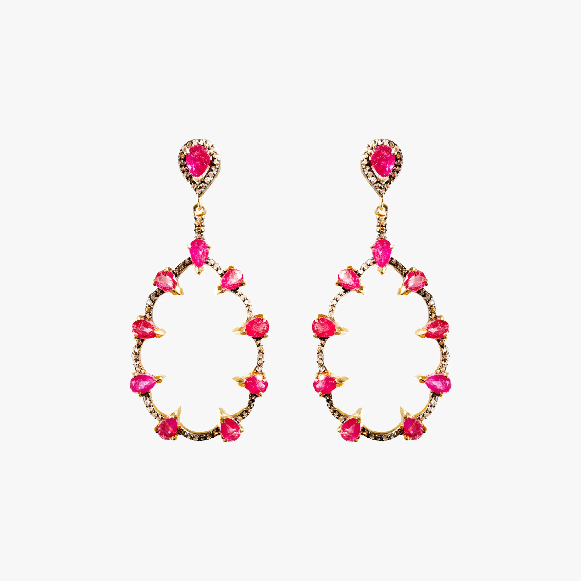 Pair of gold-plated silver earrings decorated with diamonds and rubies