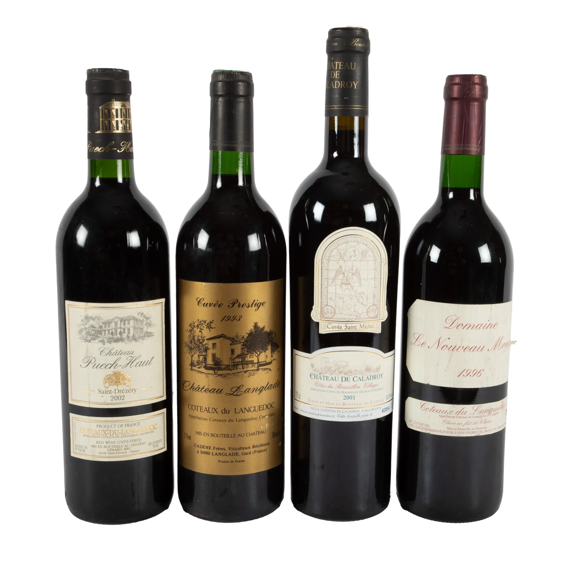 Lot consisting of four French labels, Coteaux-du-Languedoc and Côtes du Roussillon Villages, 1993/1996/2001/2002