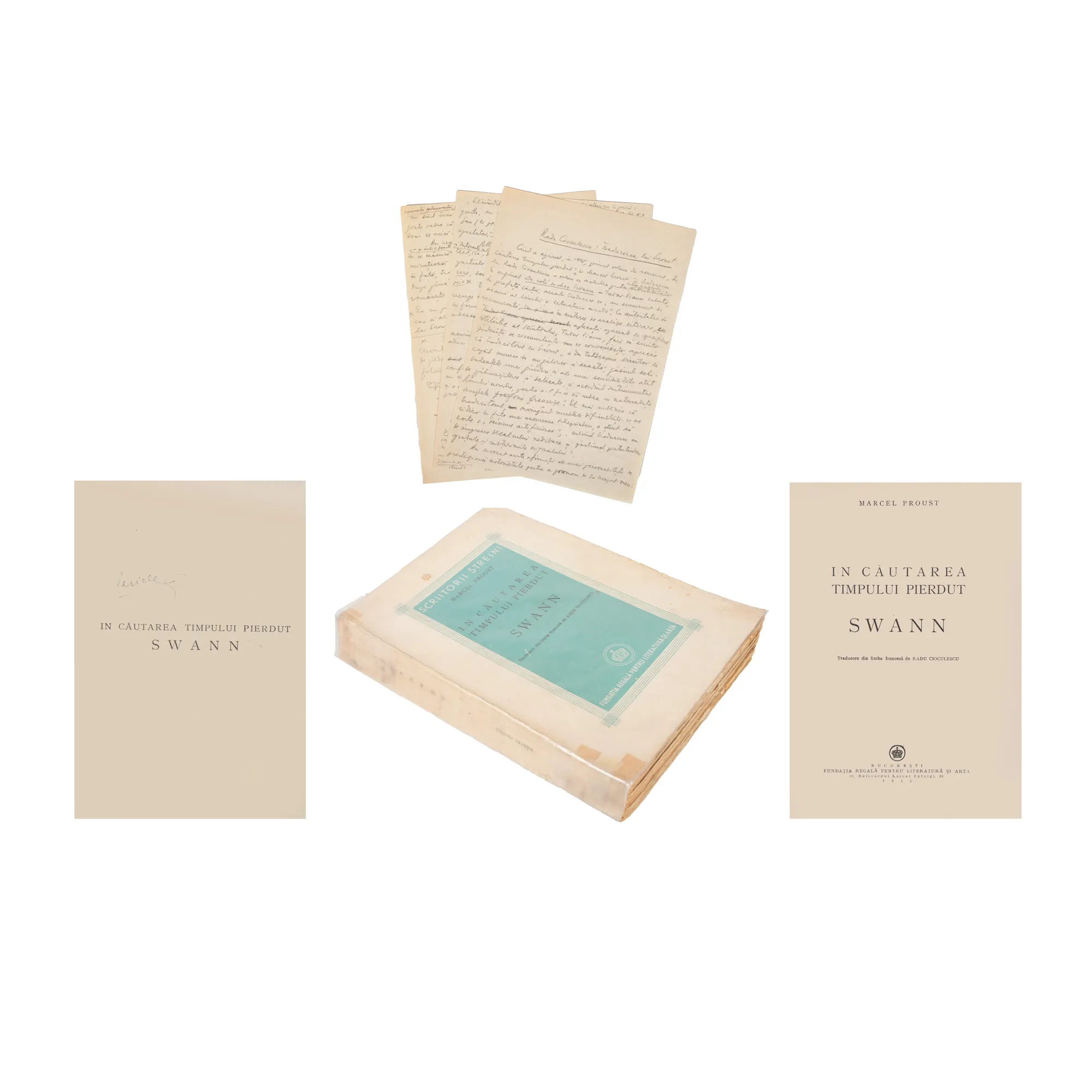 Lot format din ”În căutarea timpului pierdut. Swan”, de Marcel Proust, București, 1945, cu ex librisul scriitorului Pericle Martinescu, din a cărui colecție provine și un manuscris al acestuia referitor la traducerea operei lui Proust, 1967
