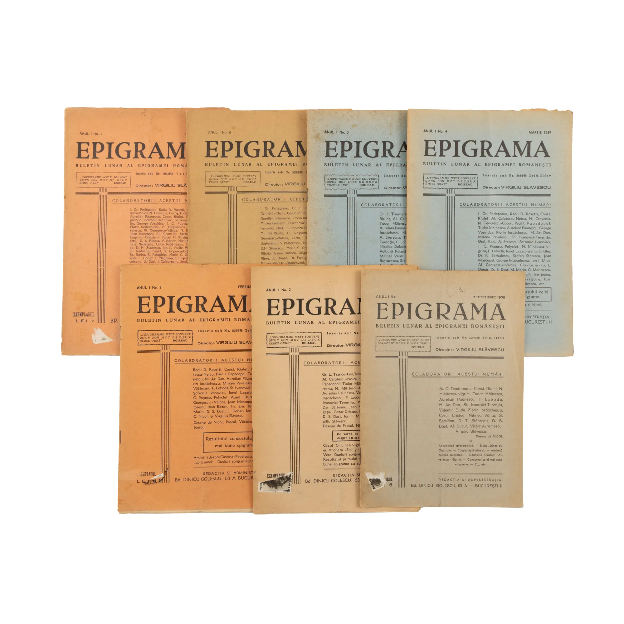 Lot consisting of 7 numbers of the "Epigram" bulletin, Bucharest, 1938-1939, from the collection of the writer Pericle Martinescu