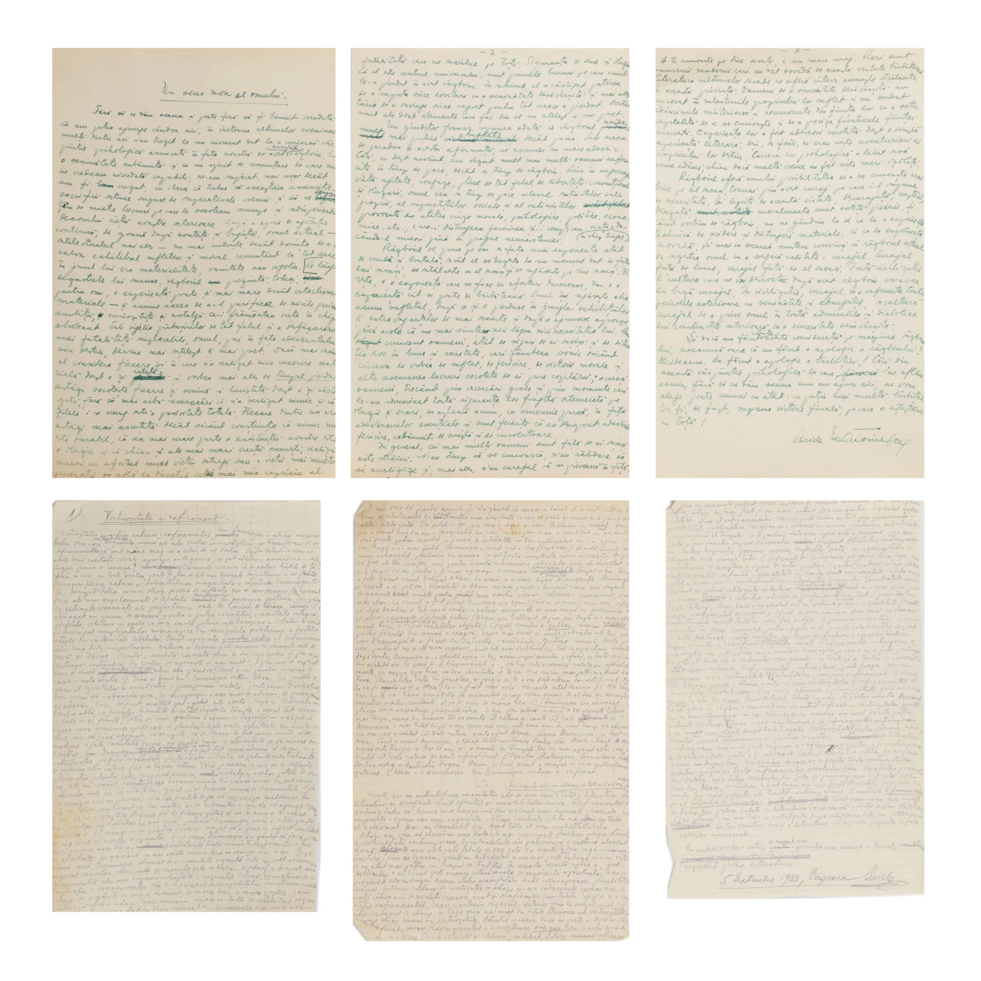 Lot din 2 manuscrise ”Un sens nou al omului” și ”Virtuozitate și rafinament”, de Pericle Martinescu, din a cărui colecție provin, 5 septembrie 1933 (6 file)