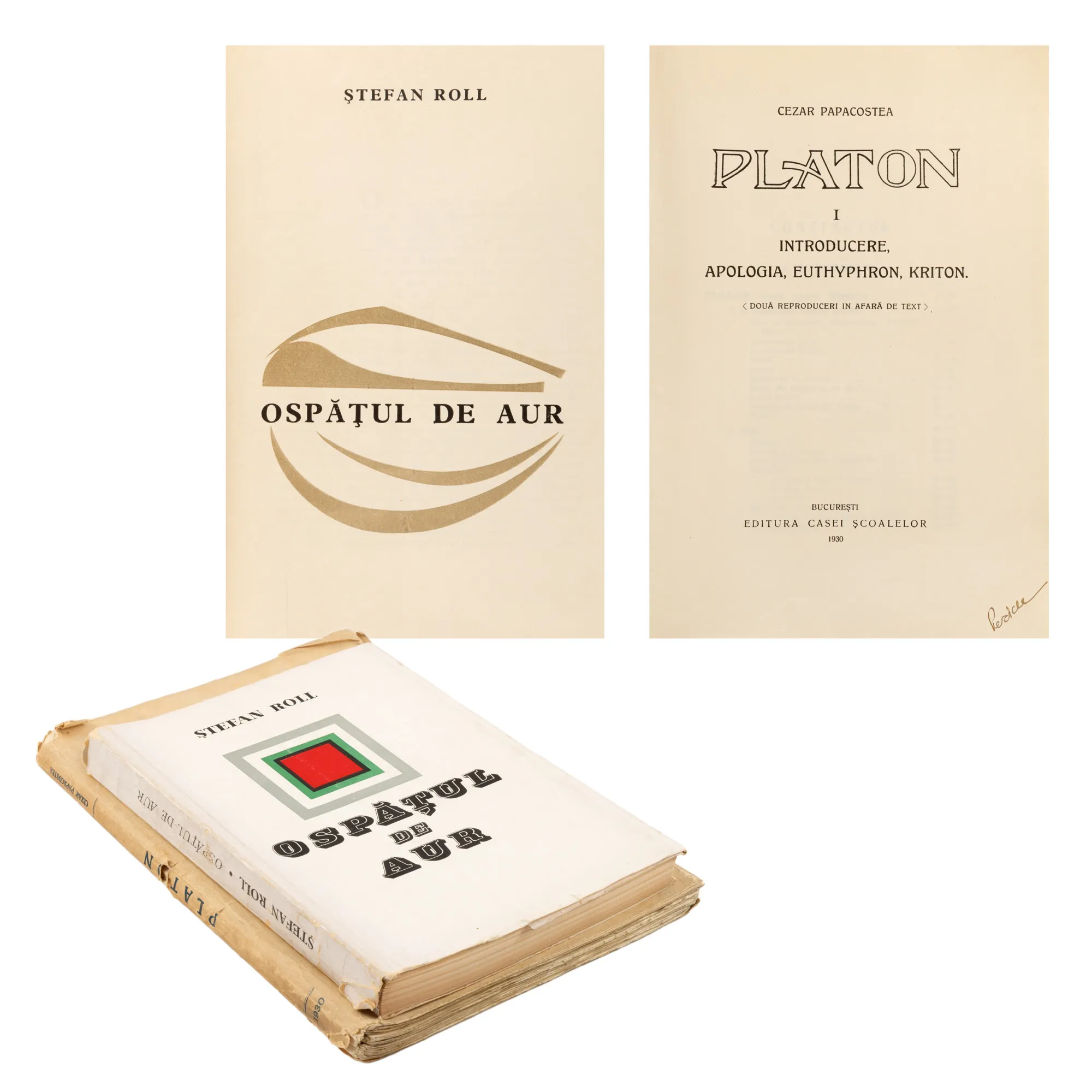 Lot format din ”Platon”, de Cezar Papacostea, volumul I și ”Ospațul de aur”, de Ștefan Roll, București, 1930-1968, cu ex libris, provin din colecția scriitorului Pericle Martinescu
