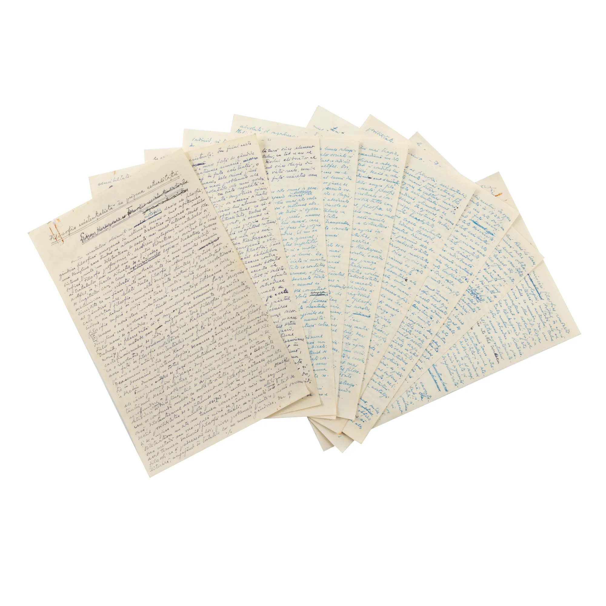 Manuscris ”Filosofia existențialistă în viziunea actualității”, de Pericle Martinescu, din a cărui colecție provine, cca. 1945, cu semnătura olografă a autorului (10 file)