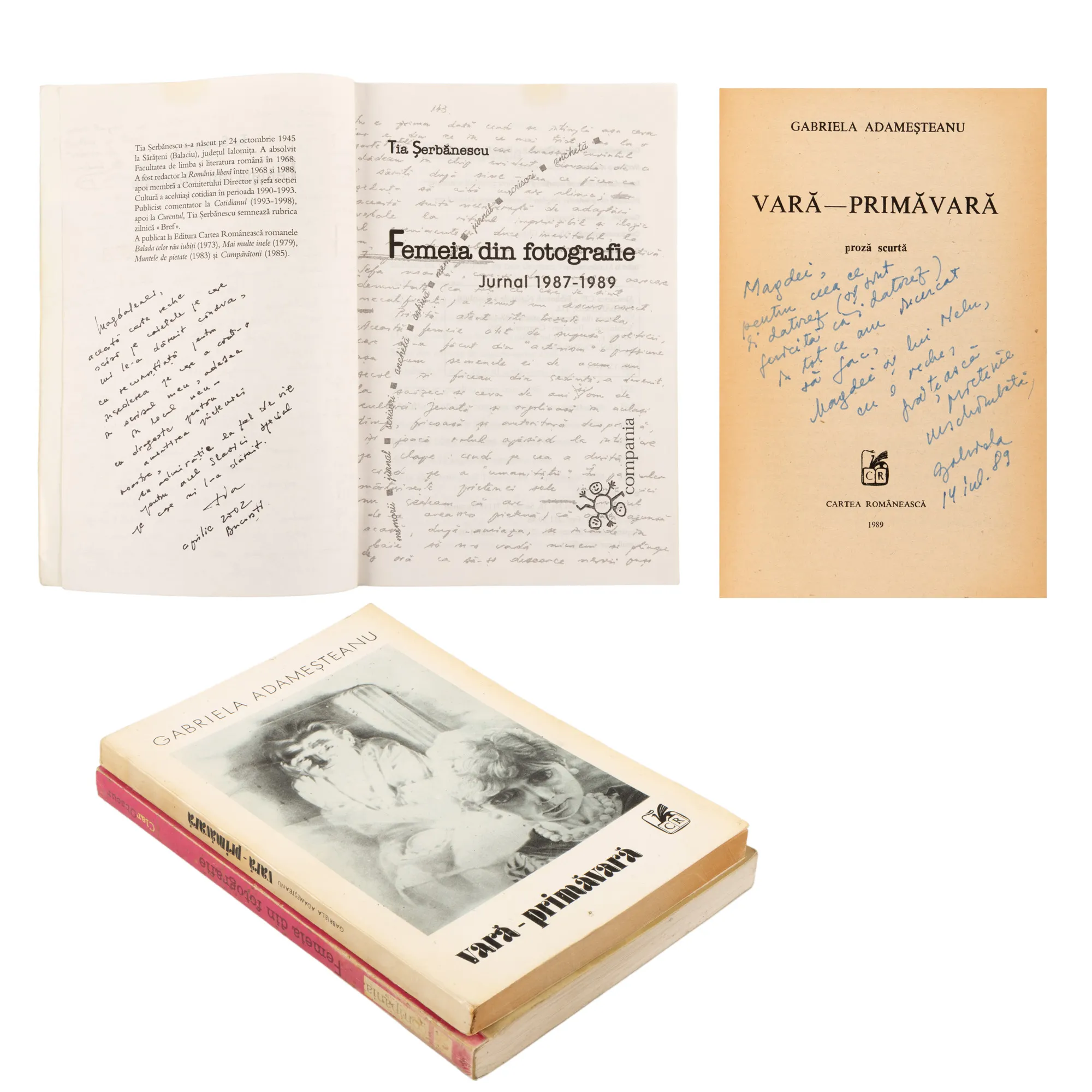 Lot format din ”Vară-primăvară”, de Gabriela Adameșteanu și ”Femeia din fotografie”, de Tia Șerbănescu, ediții princeps, București, 1989-2002, cu dedicațiile și semnăturile olografe ale autoarelor către Magdalena Popescu-Bedrosian, din a cărei colecție provin