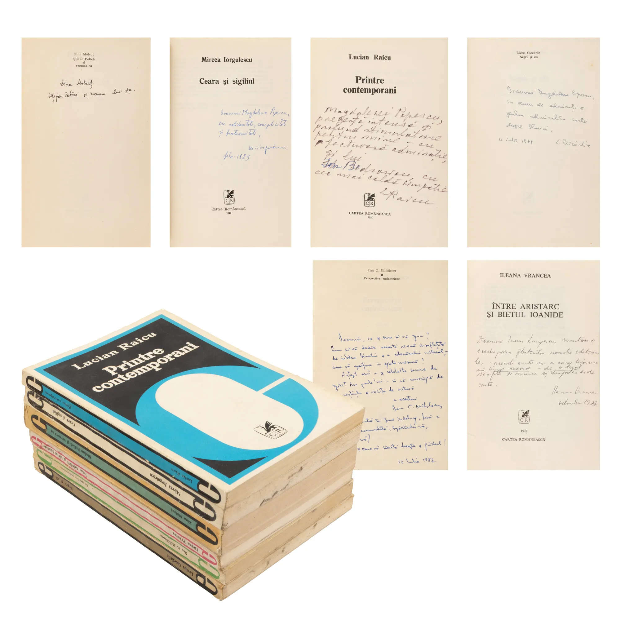 Lot format din 6 cărți, ”Ceara și sigiliul”, de Mircea Iorgulescu, ”Ștefan Petică și vremea sa”, de Zina Molcuț, ”Perspective eminesciene”, de Dan C. Mihăilescu, ”Printre contemporani”, de Lucian Raicu, ”Între Aristarc și bietul Ioanide”, de Ileana Vrancea, ”Negru și alb”, de Livius Ciocârlie, ediții princeps, București, 1978-1982, cu dedicațiile și semnăturile olografe ale autorilor către Magdalena Popescu-Bedrosian, din a cărei colecție provin