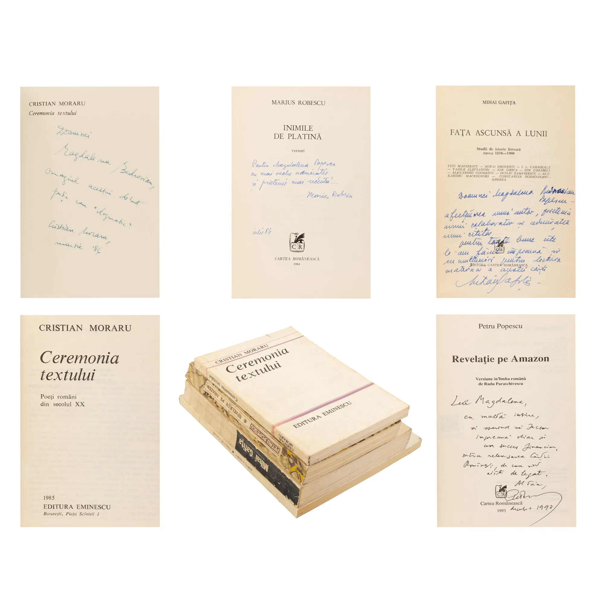 Lot format din 4 cărți, ”Ceremonia textului”, de Cristian Moraru, ”Revelație pe Amazon”, de Petru Popescu, ”Fața ascunsă a lunii”, de Mihai Gafița, și ” Inimile de platină”, de Marius Robescu, ediții princeps, București, 1974-1993, cu dedicațiile și semnăturile olografe ale autorilor către Magdalena Popescu-Bedrosian, din a cărei colecție provin