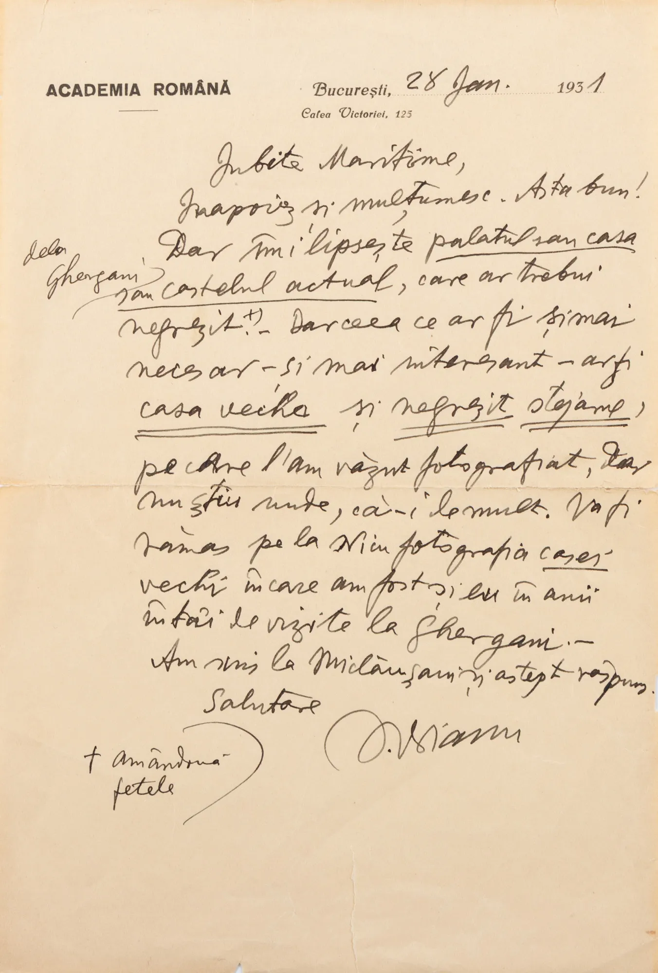 Scrisoare trimisă de Ioan Bianu inginerului Ion D. Ghica, 28 ianuarie 1931, cu senătura olografă (o filă)