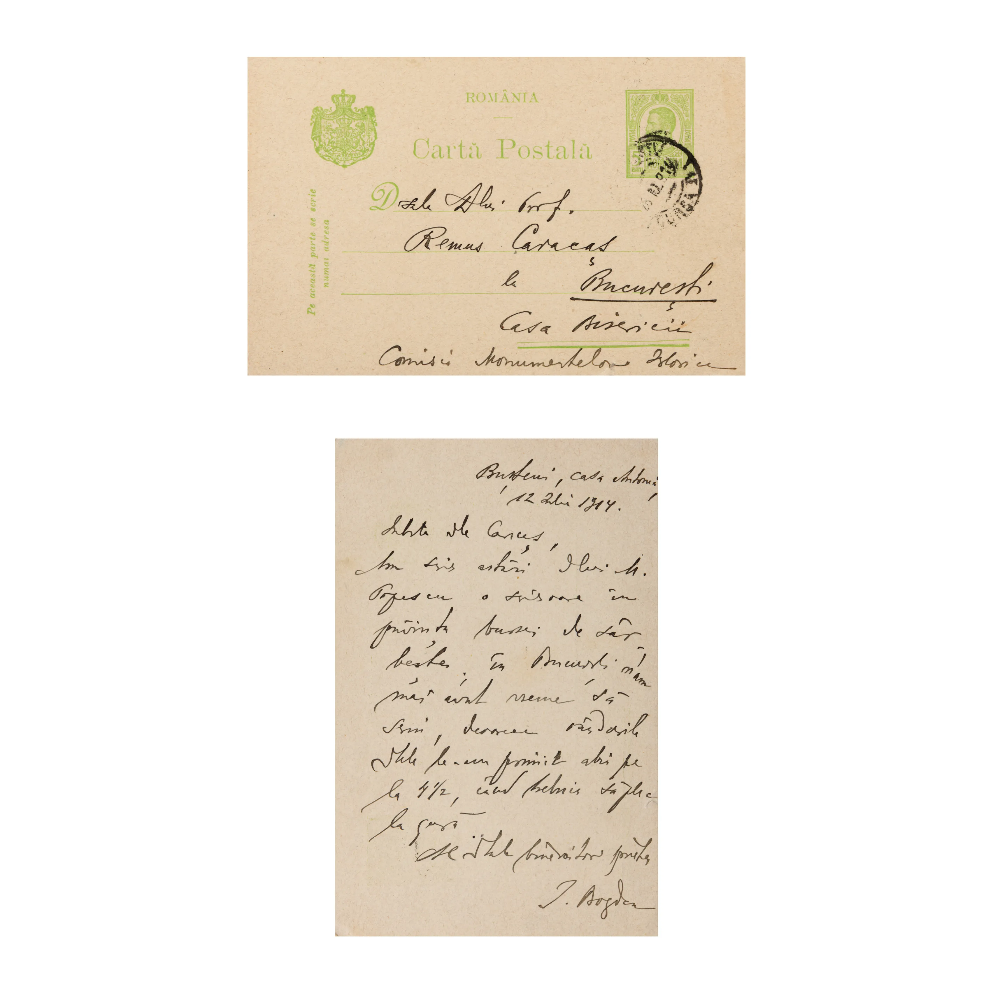 Postcard sent by the historian Ioan Bogdan to Remus Caracaș, Bușteni, July 12, 1914, comes from the Remus Caracaș archive