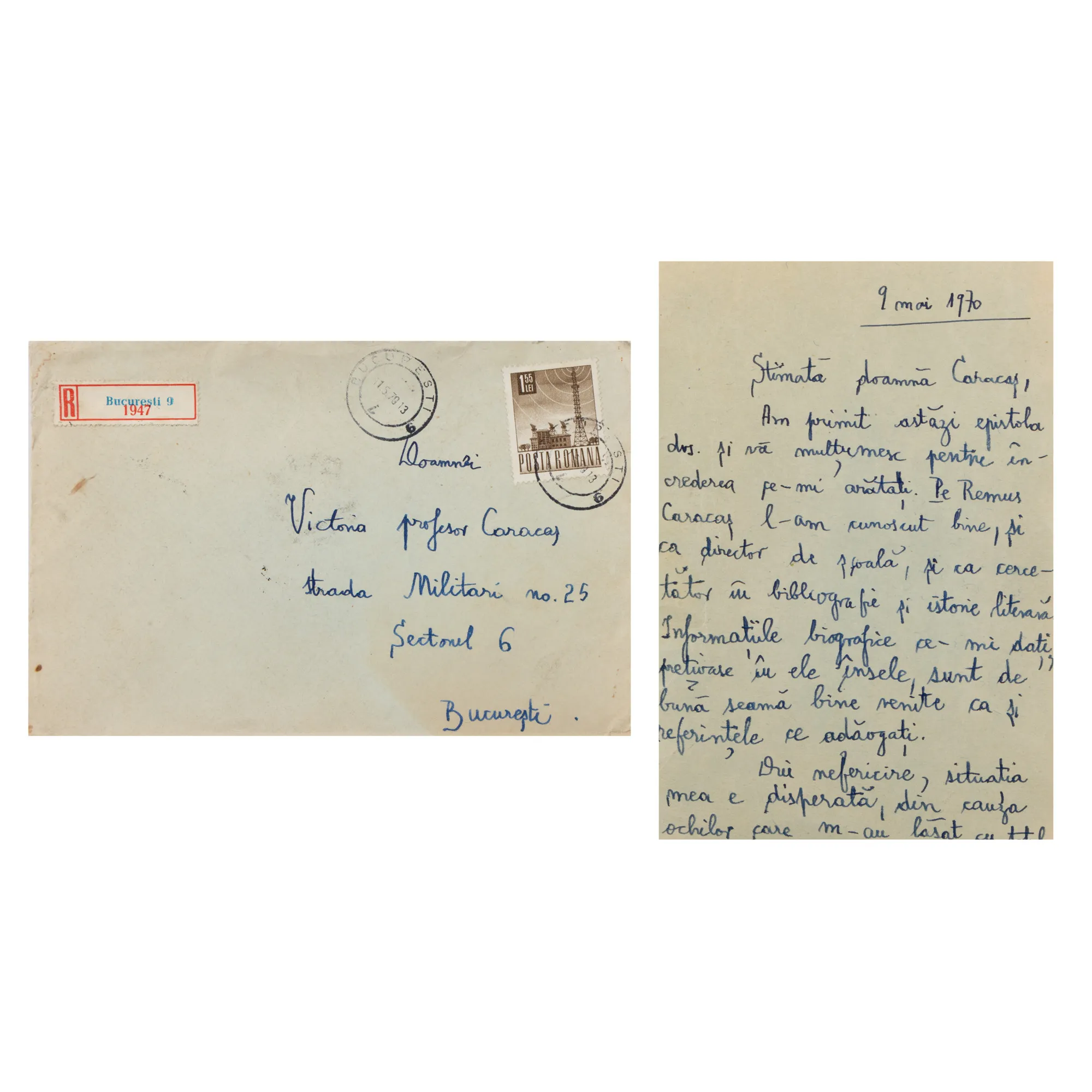 Scrisoare trimisă de Perpessicius către soția lui Remus Caracaș, București, 9 mai 1970, alături de plicul original, provin din arhiva Remus Caracaș (o filă)