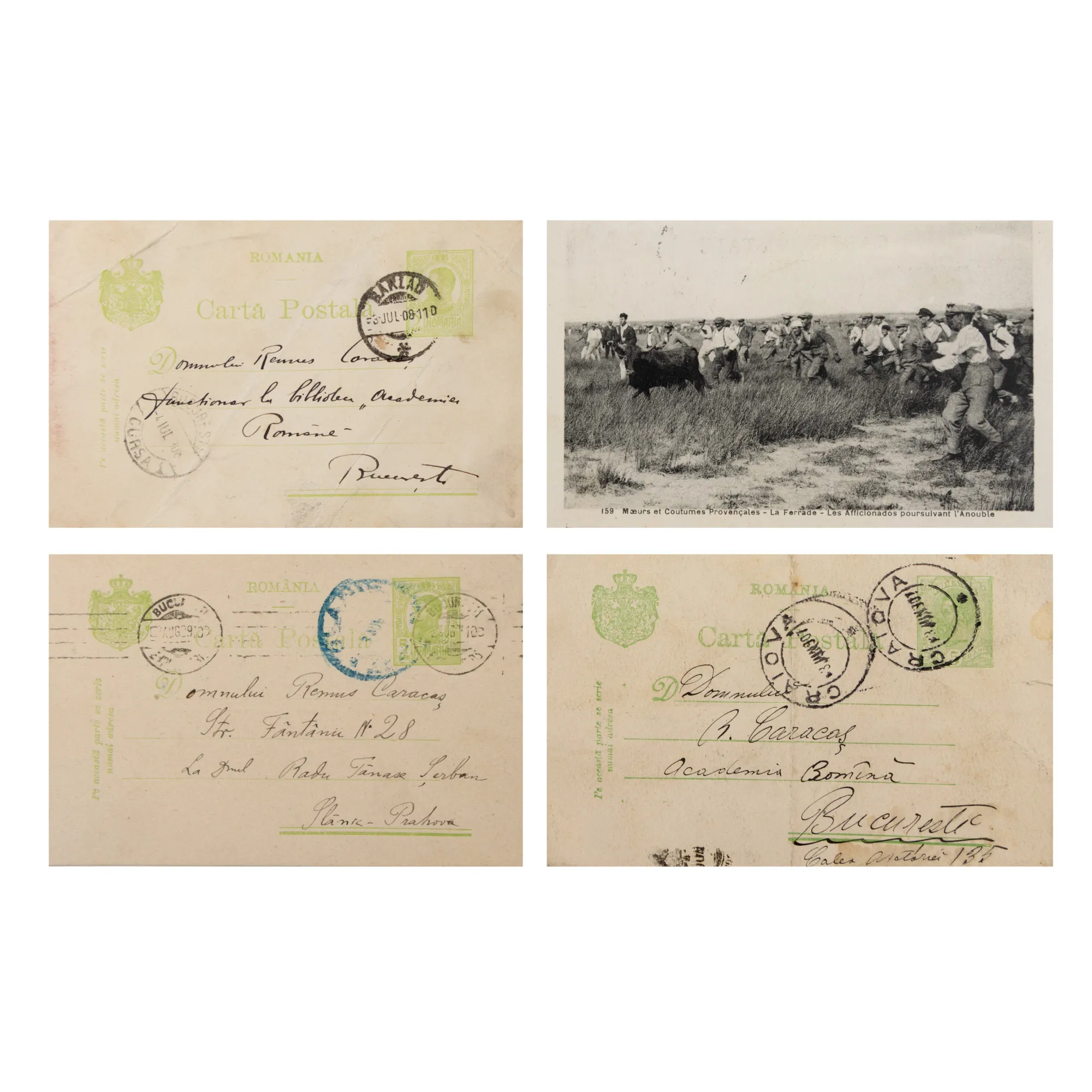 Lot consisting of four postcards (Elena Farago, Petre Hanes, Nicolae Cartojan) sent to Remus Caracas, 1907-1930, comes from the Remus Caracas archive