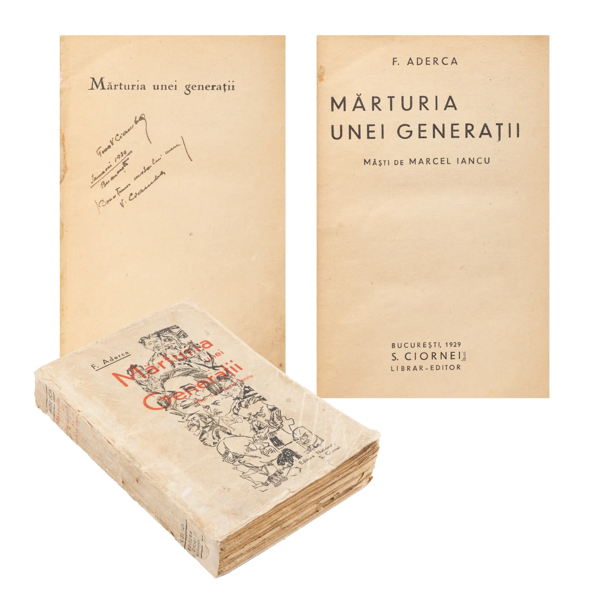 ”Mărturia unei generații”, de Felix Aderca, ediție princeps, București, 1929, cu ex libris