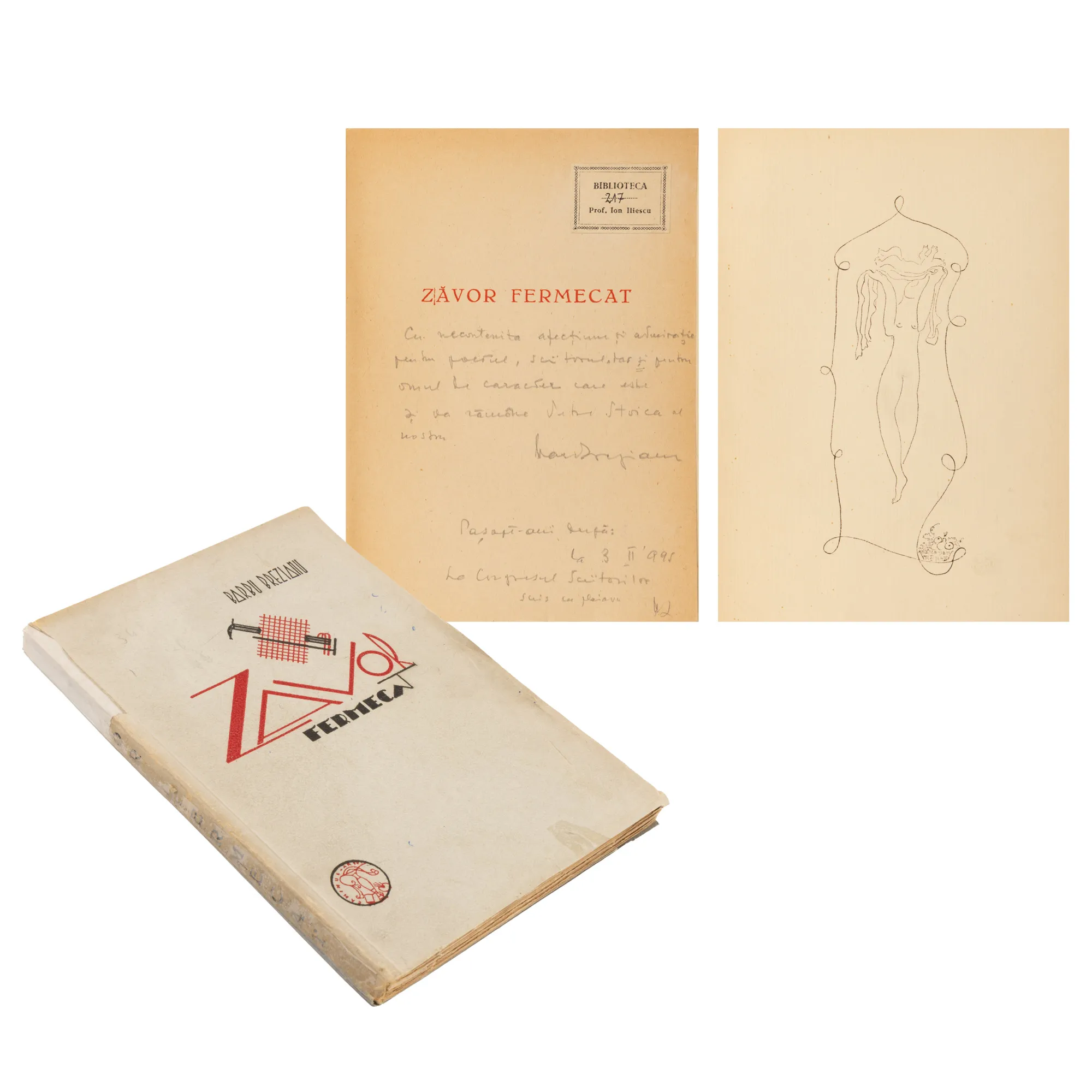 "Enchanted Bolt" by Barbu Brezianu, princeps edition, Bucharest, 1947, with a vignette and a portrait by Milita Petras, and three drawings by Mircea Marosin, with the handwritten dedication and signature of the author, with ex libris, from the collection of Prof. Ion Iliescu