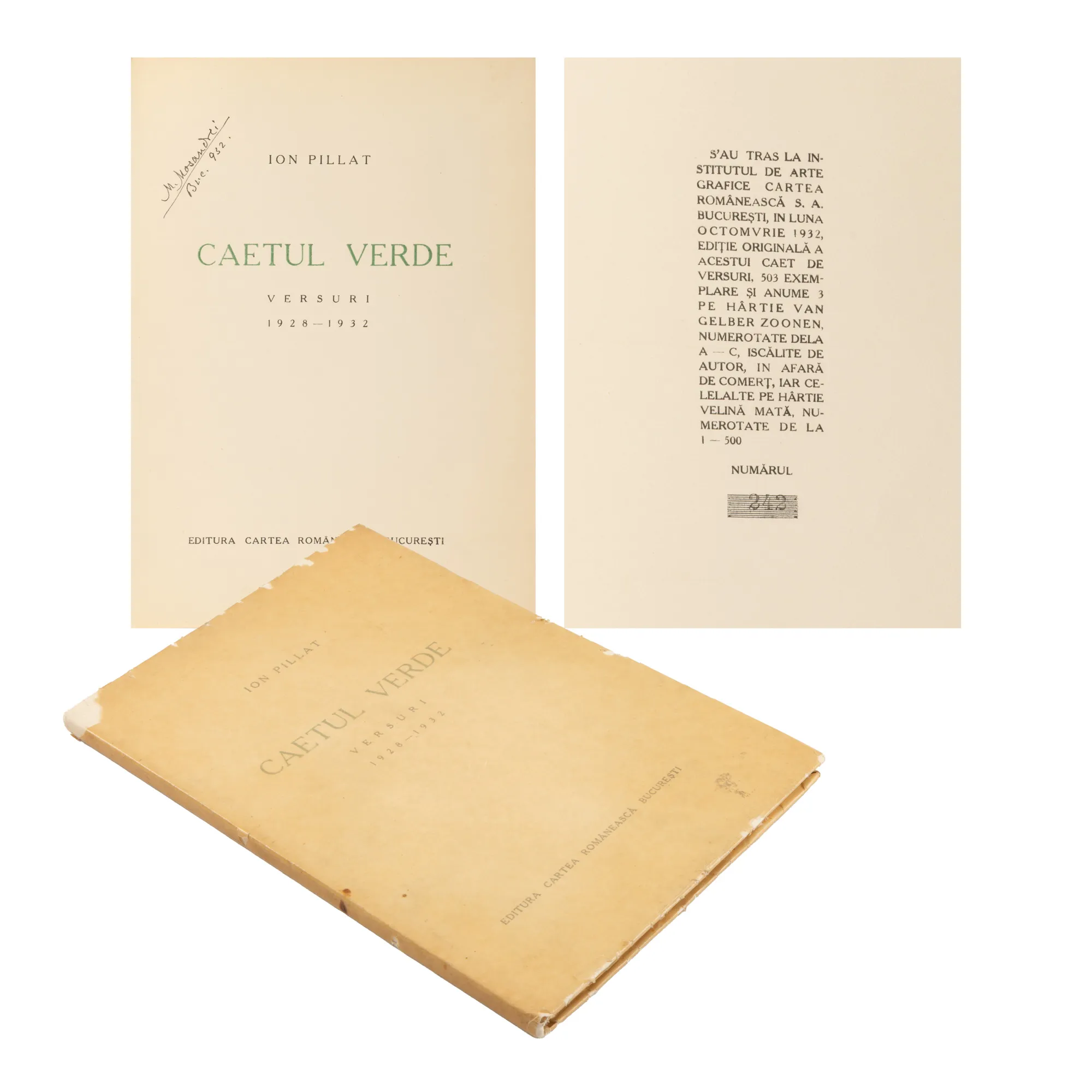 "Green Notebook" by Ion Pillat, first edition, Bucharest, 1932, copy 242, with ex libris