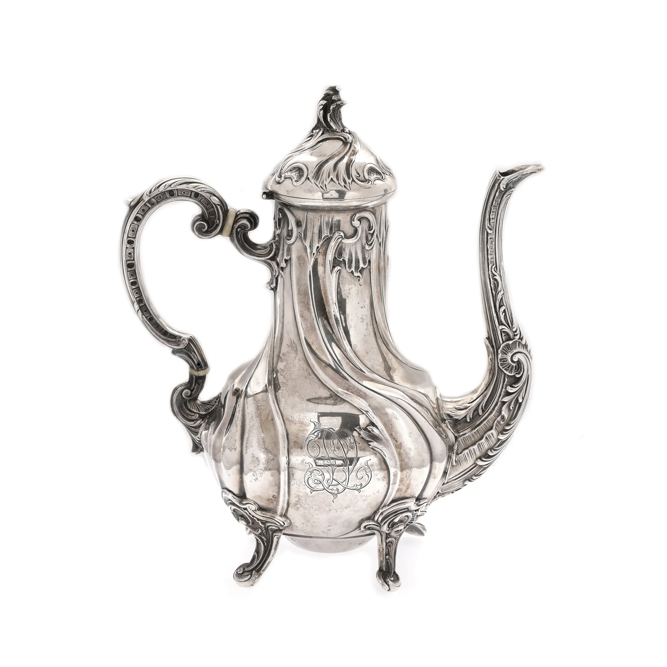 Neo-Rococo silver teapot by master Jean Jarre, decorated with ivory rings, circa 1885
