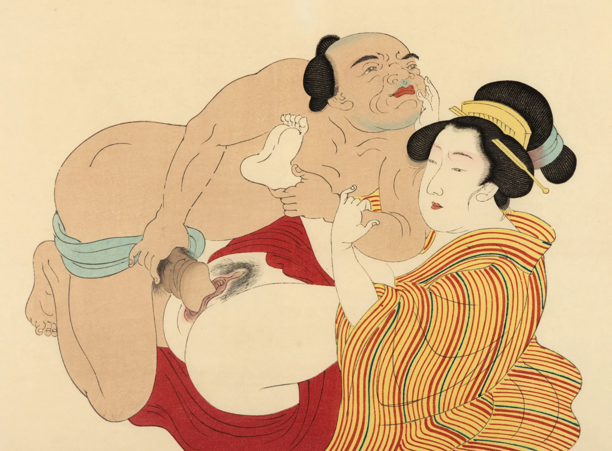 Shunga (scenă erotică), reprezentând un luptător de sumo vizitând o curtezană